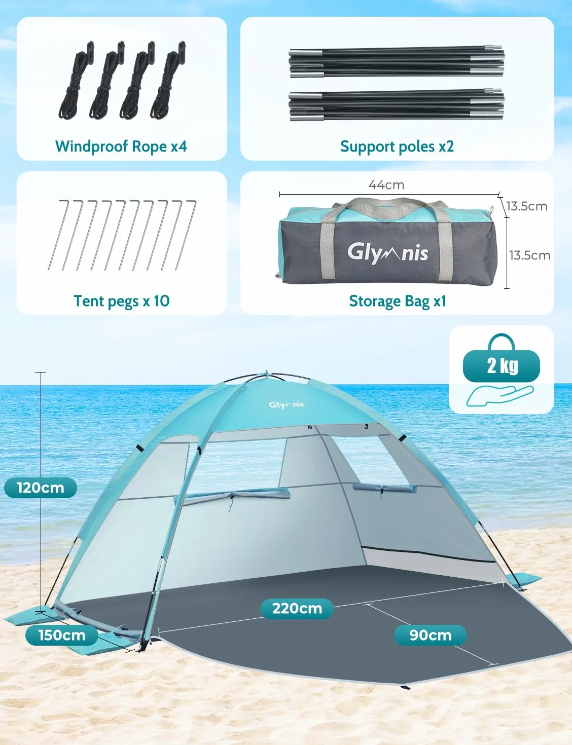 Tenda da Spiaggia Portatile UPF 50+ per 2-4 Persone con Cerniera