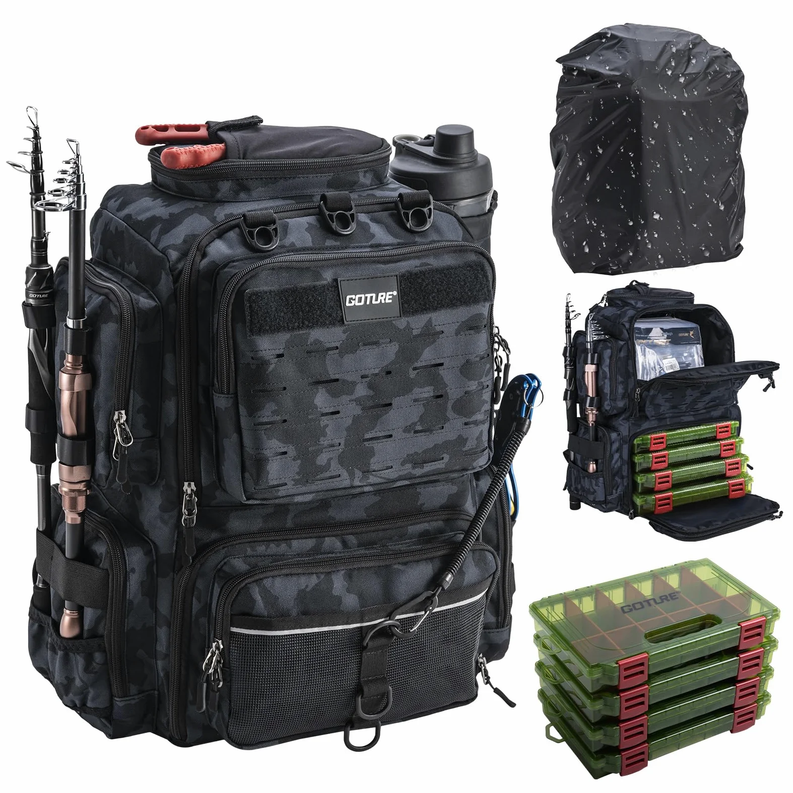 Goture Zaino da pesca, zaino per accessori da pesca con due supporti per canna e parapioggia, borsa per attrezzi da pesca impermeabile con scomparto regolabile e 8 tasche per esche, zaino da 45 litri
