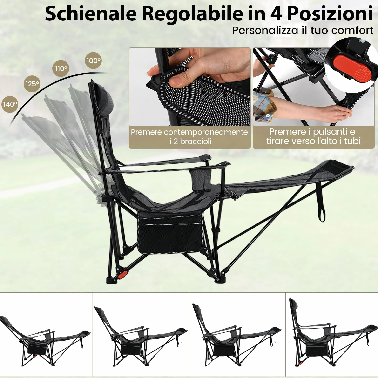 COSTWAY Sedia da Campeggio Pieghevole con Poggiapiedi Rimovibile, Schienale Reclinabile, Portata 150 kg, Tela Oxford Grigio