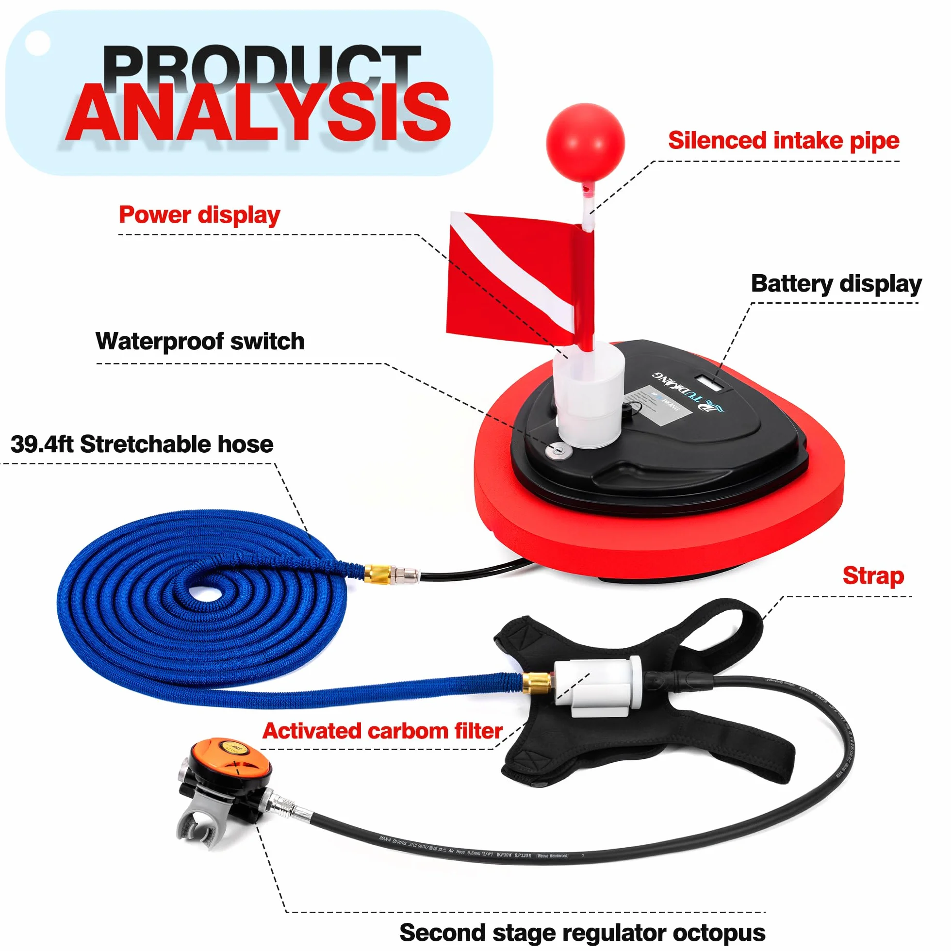 TUDIVING Ventilatore per immersioni subacquee aggiornato, sistema senza serbatoio, serbatoio portatile ricaricabile, compressore d'aria impermeabile