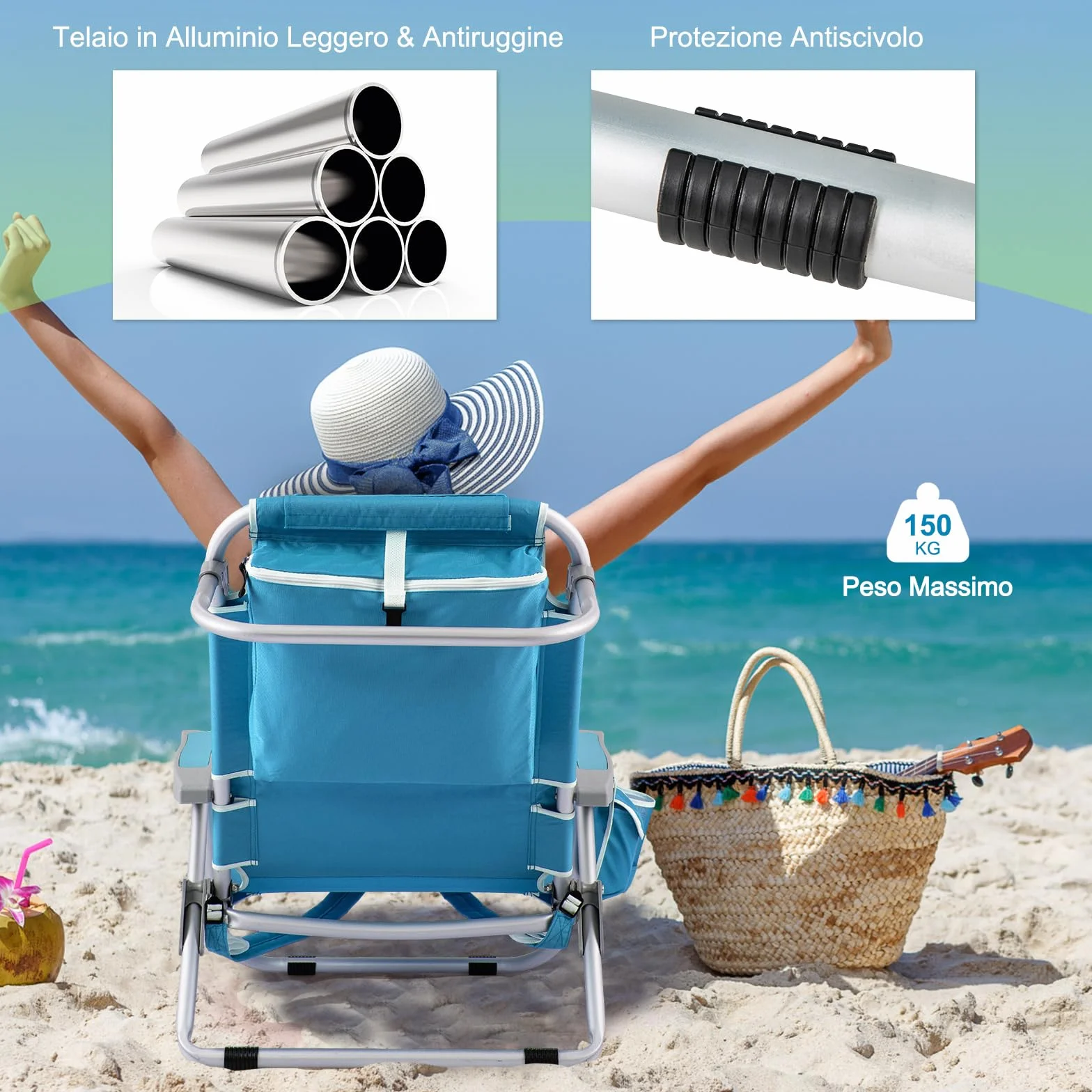 COSTWAY Set di 2 Sedie da Spiaggia Pieghevole a 5 Posizioni con Portabicchieri e Cuscino, Portata 150 kg Azzurro