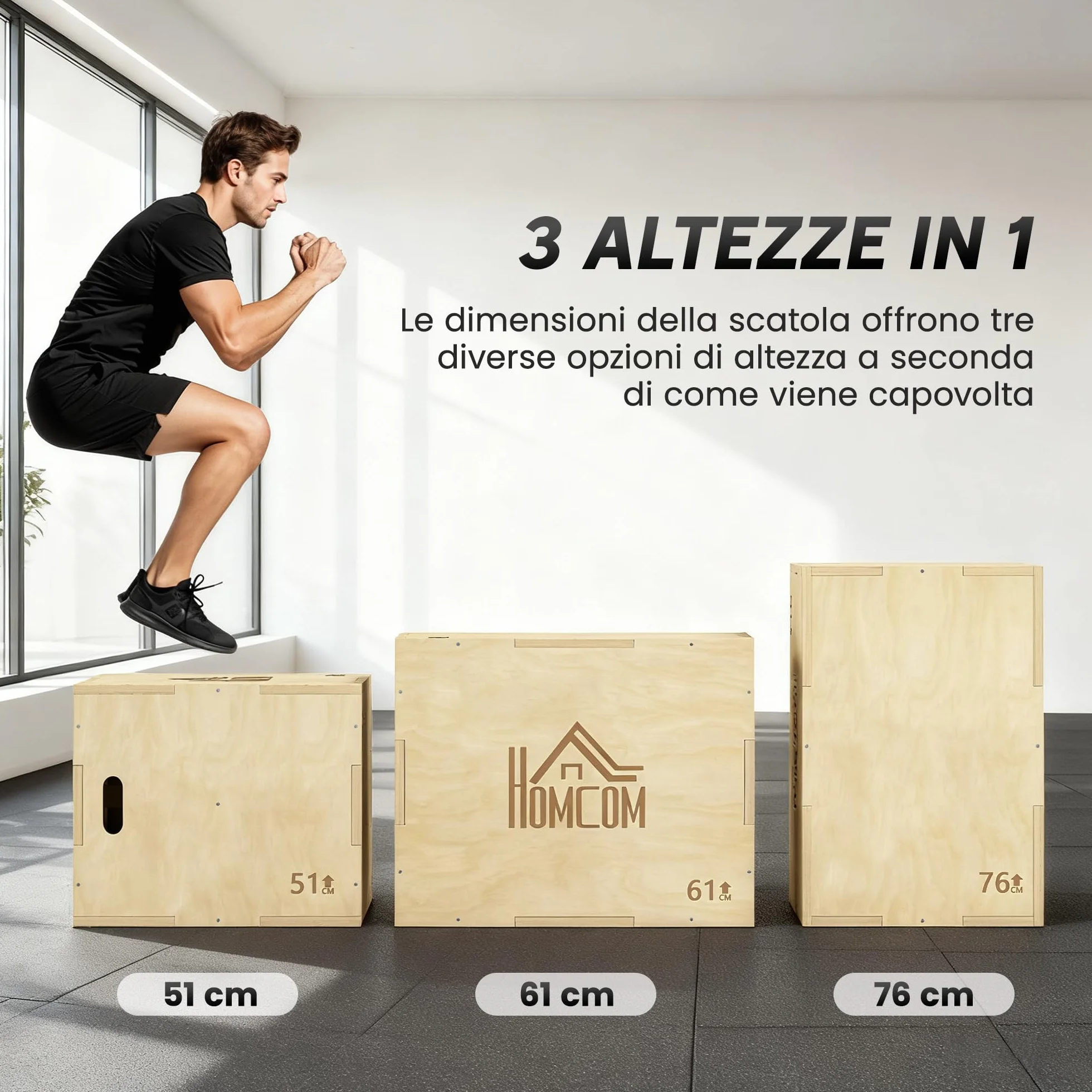 HOMCOM Plyo Box a 3 Altezze Regolabili in Legno di Faggio per Casa e Palestra