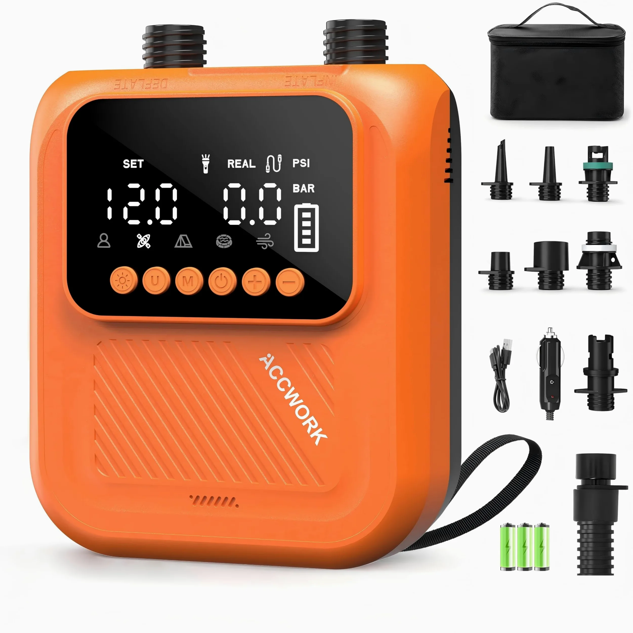 Accwork Pompa SUP Ricaricabile 20 Psi – Arresto Automatico, Gonfiare/Sgonfiare Pompa Batteria Elettrico Gonfiatore Materassi Gonfiabili, 7 Ugelli Per Sup, Canoa, Barca, Tenda, Kayak Gonfiabile