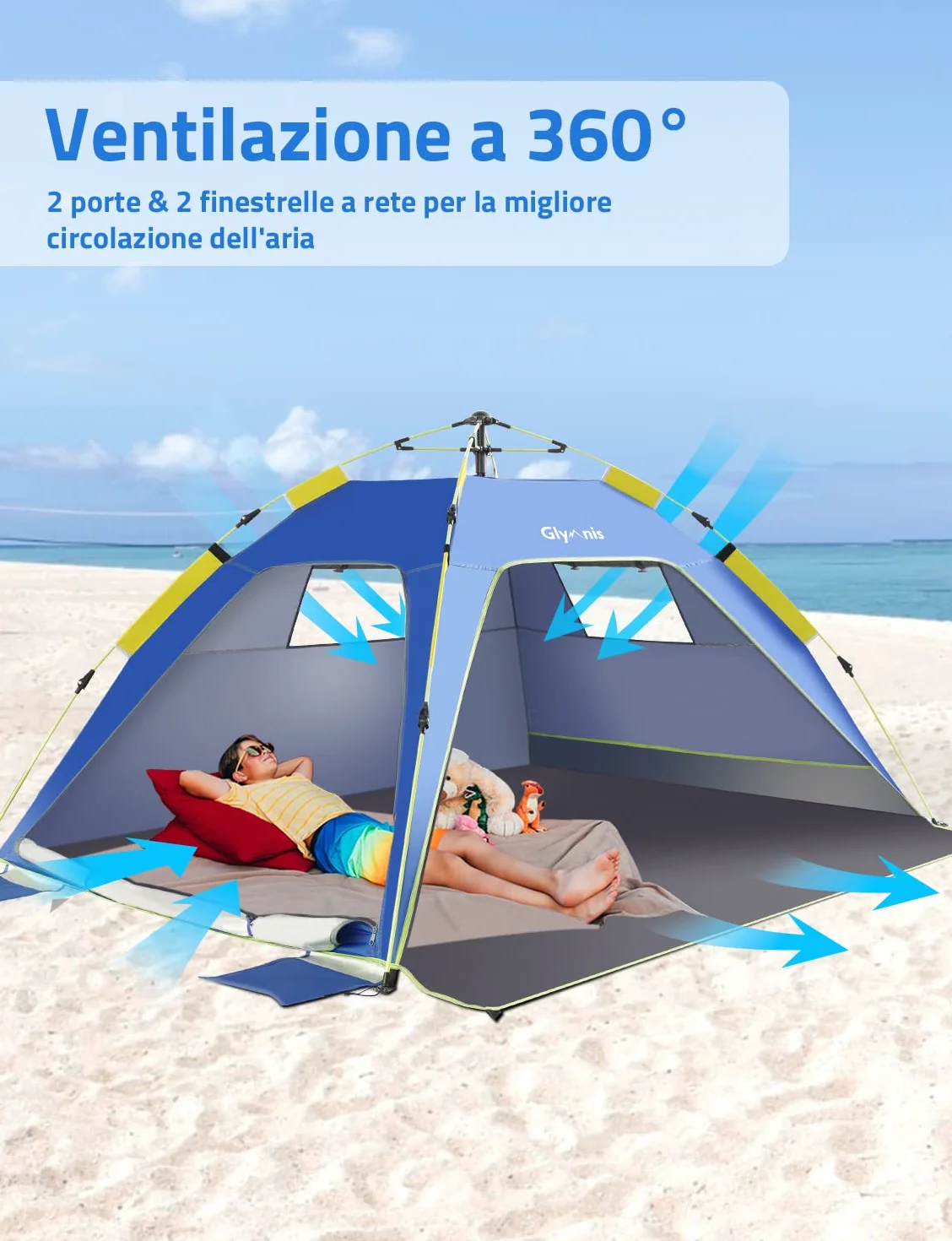 Tenda da Spiaggia Quick-up UPF 50+ 215x150x115cm 3-4 Persone con Finestre e Porte