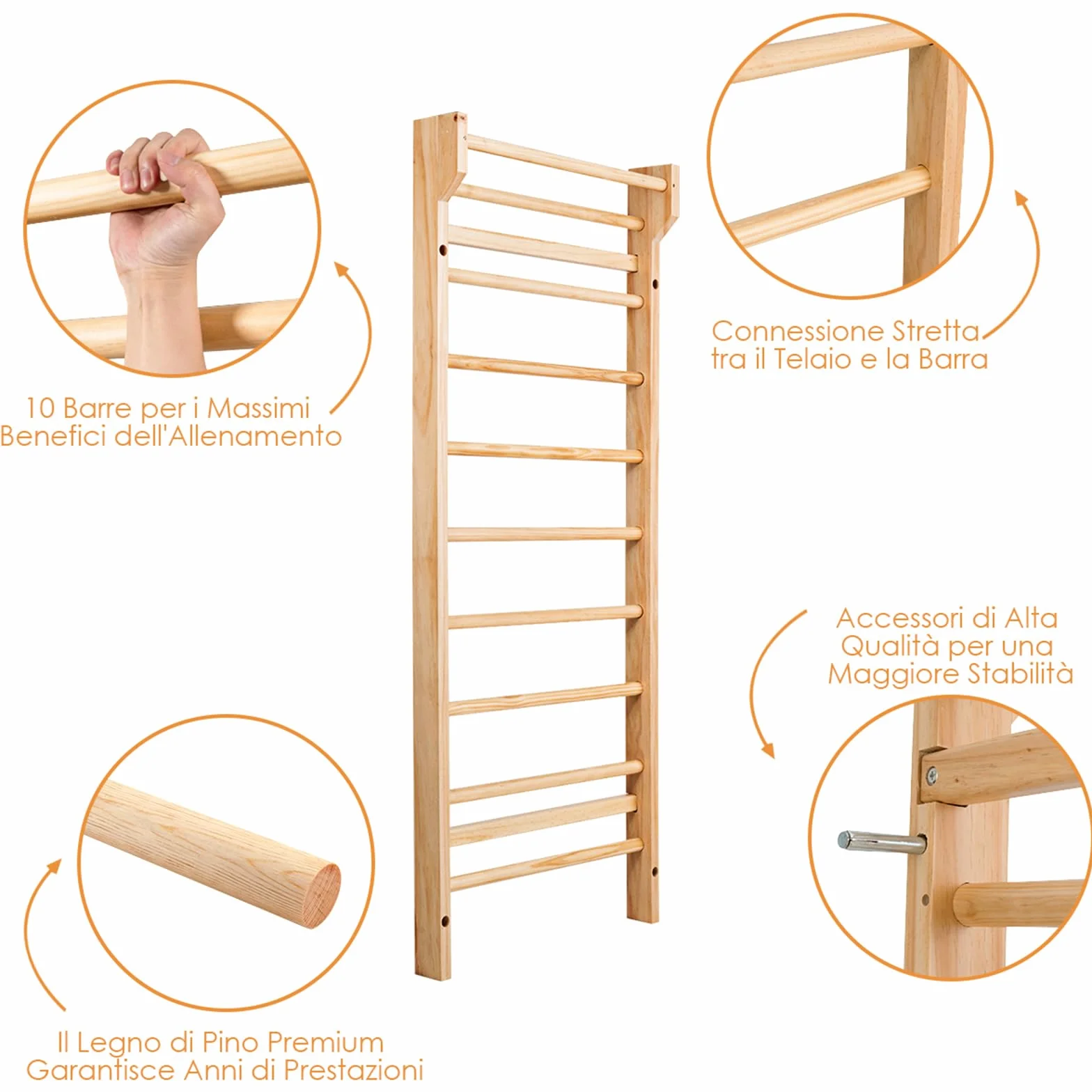 COSTWAY Spalliera Svedese Adulti Bambini Legno 10 Gradini Carico Massimo 100 kg 195x80x14 cm