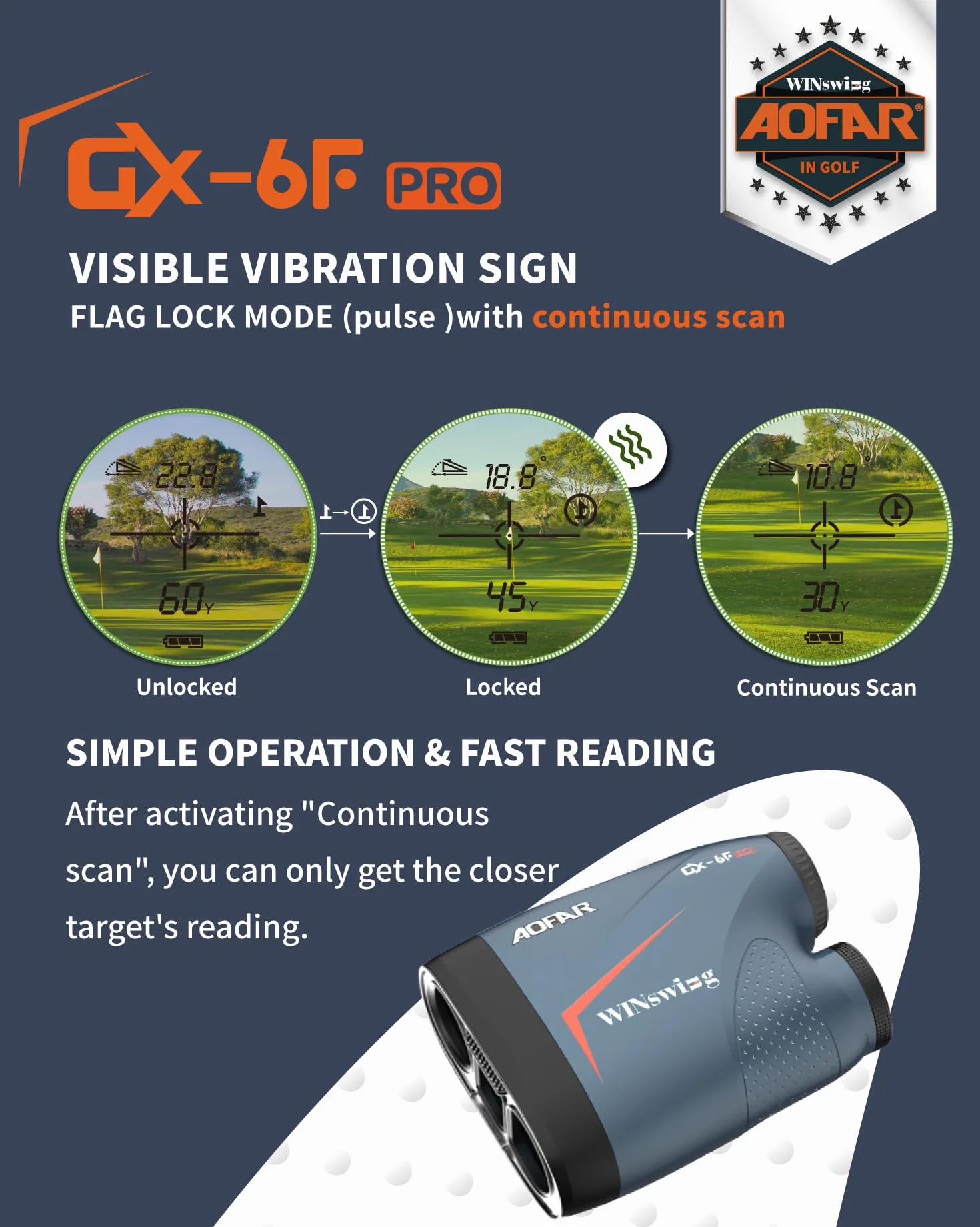 AOFAR GX-6F PRO Telemetro golf con Pendenza, 600Y, Telemetro a Scansione Continua, Blocco Bandiera Con Vibrazione Pulsata Per Le Competizioni, Lettura Di 0,2 Secondi, Versione Aggiornata