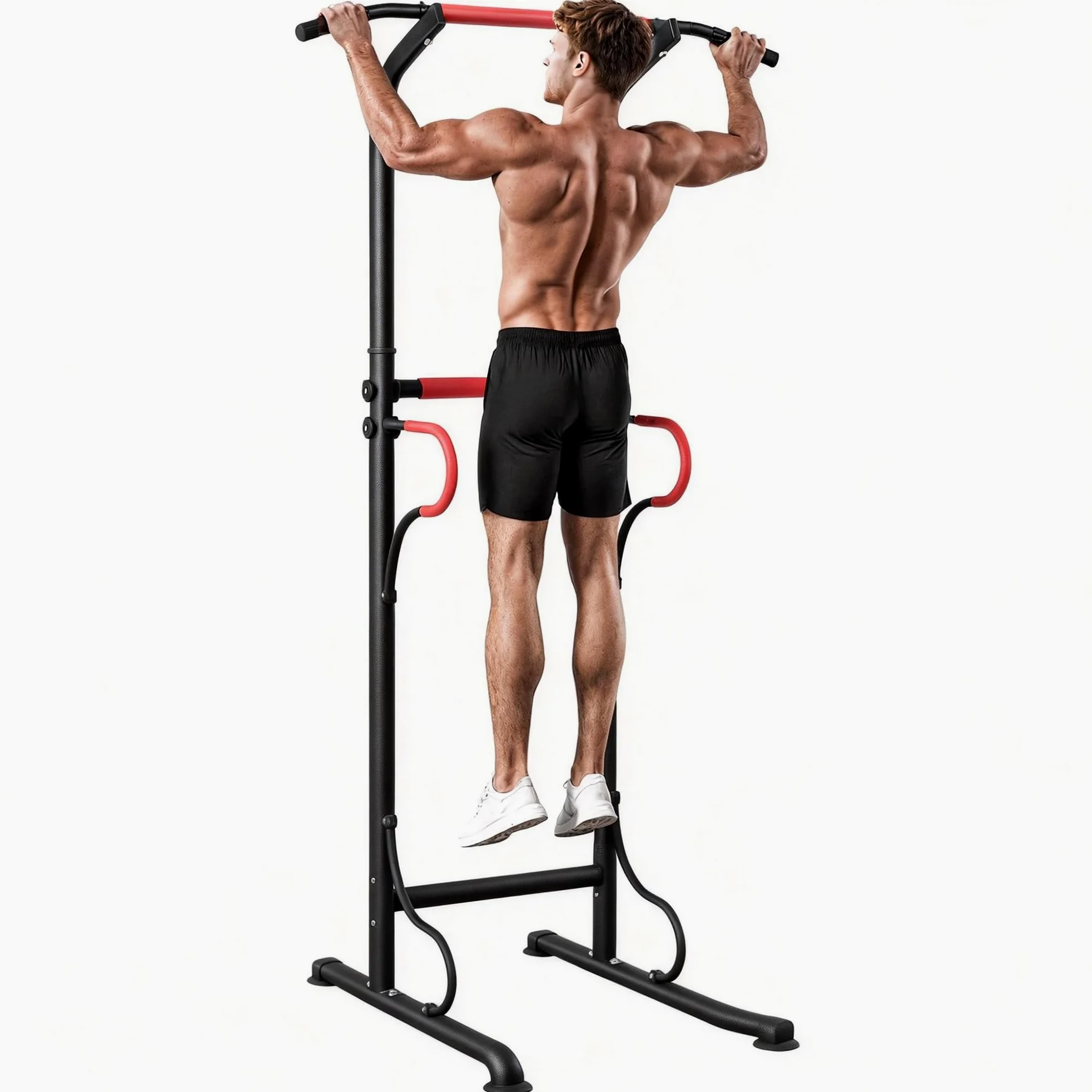 HOMCOM Power Tower Dip Station, Barra per Trazioni Power Tower Stazione Fitness Multifunzione con Altezza Regolabile 171-219cm, Nero Rosso