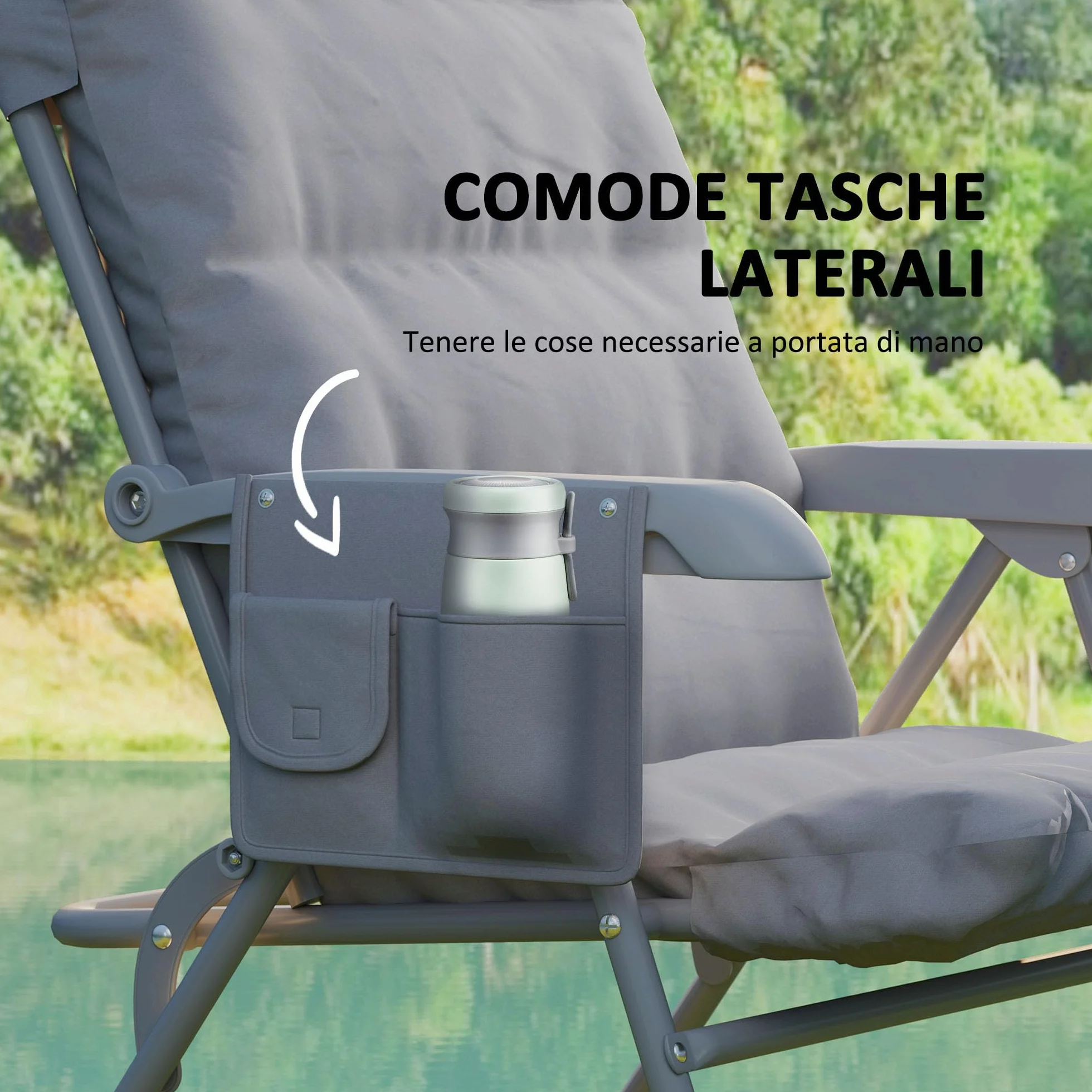 Outsunny Sedia da Campeggio Pieghevole con Schienale Alto Regolabile su 5 Livelli e Tasche Laterali, Sedia da Giardino in Tessuto Oxford e Metallo, Portata Fino a 120 kg, 66x58x105 cm, Grigio Chiaro