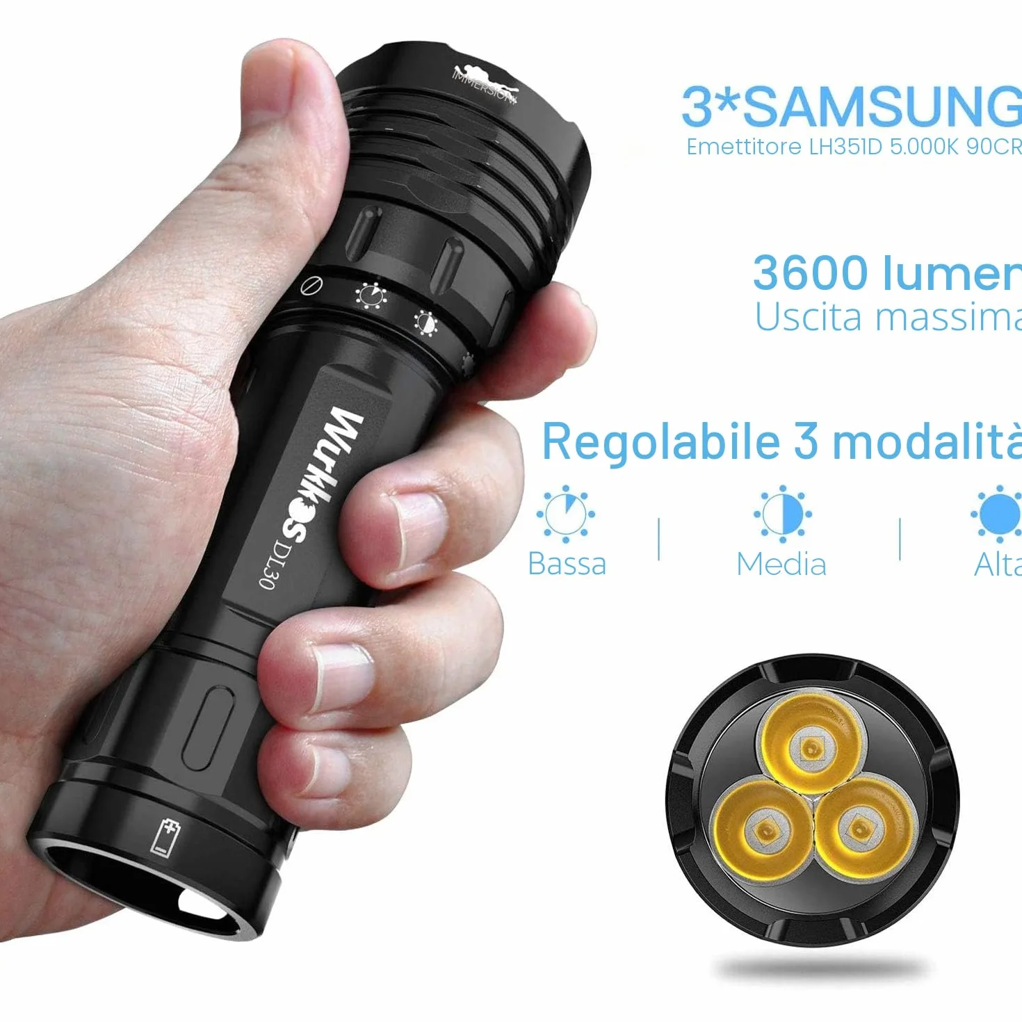 Wurkkos DL30 Torcia Subacquea 3600 Lumen Ricaricabile IPX8 LED LH351D 5000K 90CRI 5000mAh