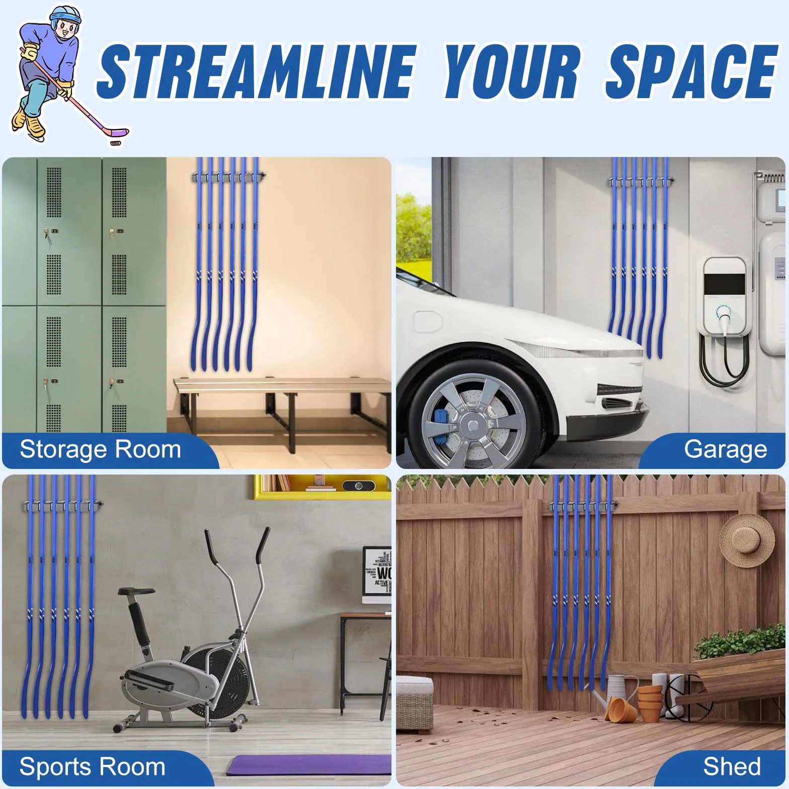 BOOSTEADY Porta Bastoni da Hockey da Parete, Supporto per 6 Bastoni, Organizzatore a Risparmio Spaziale