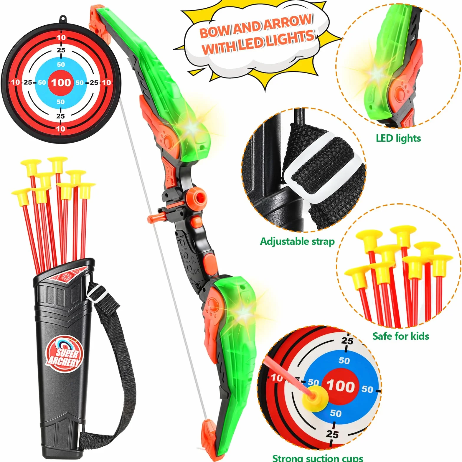 Doloowee Arco e Freccia per Bambini Giocattoli con Luce LED Set Tiro con L'Arco 8 Frecce a Ventose Bersaglio Faretra Spalla