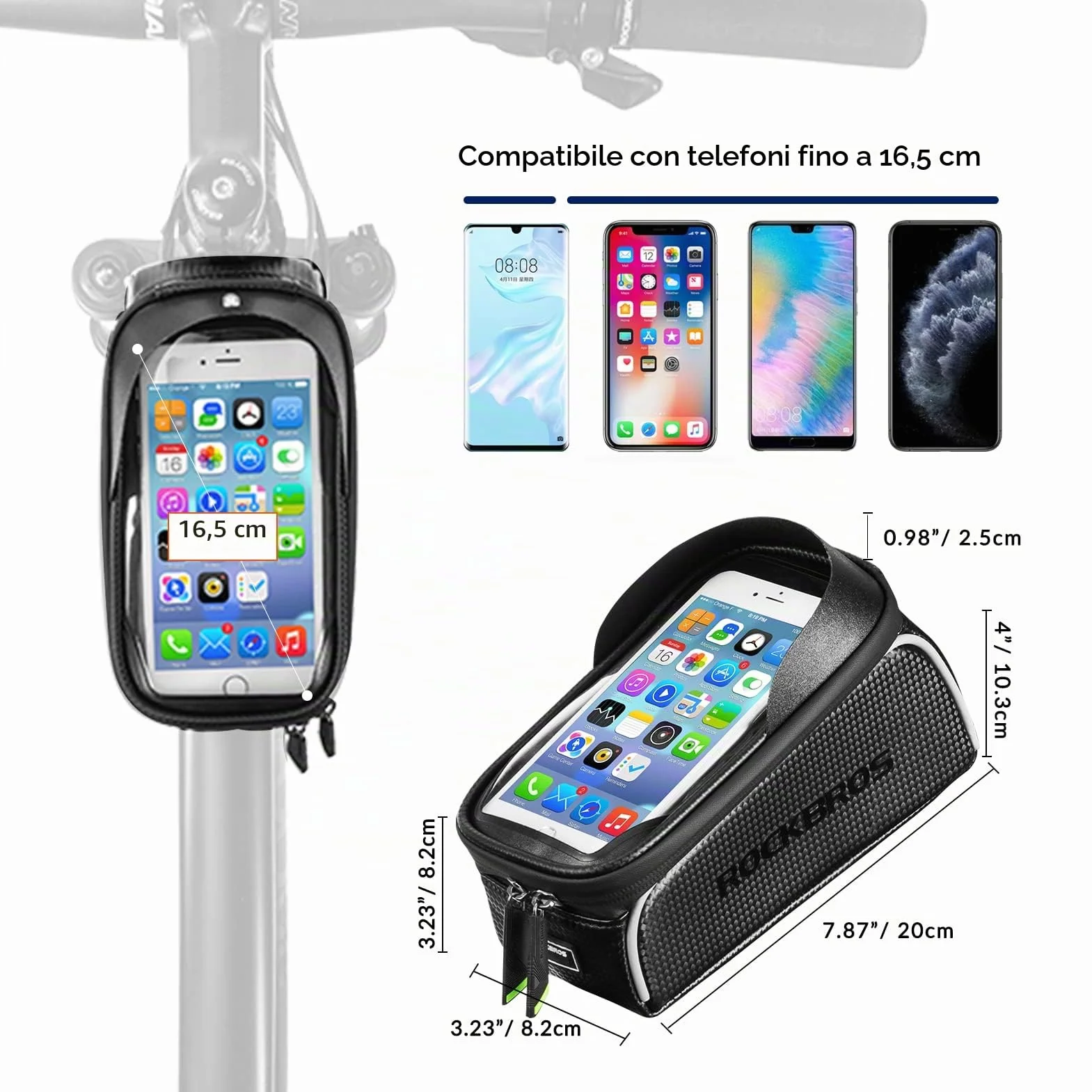 Borsa Telaio Bici ROCKBROS Idrorepellente Manubrio 1.5L Support Cellulare TPU Touchscreen 6.5" Copertura Anti-pioggia