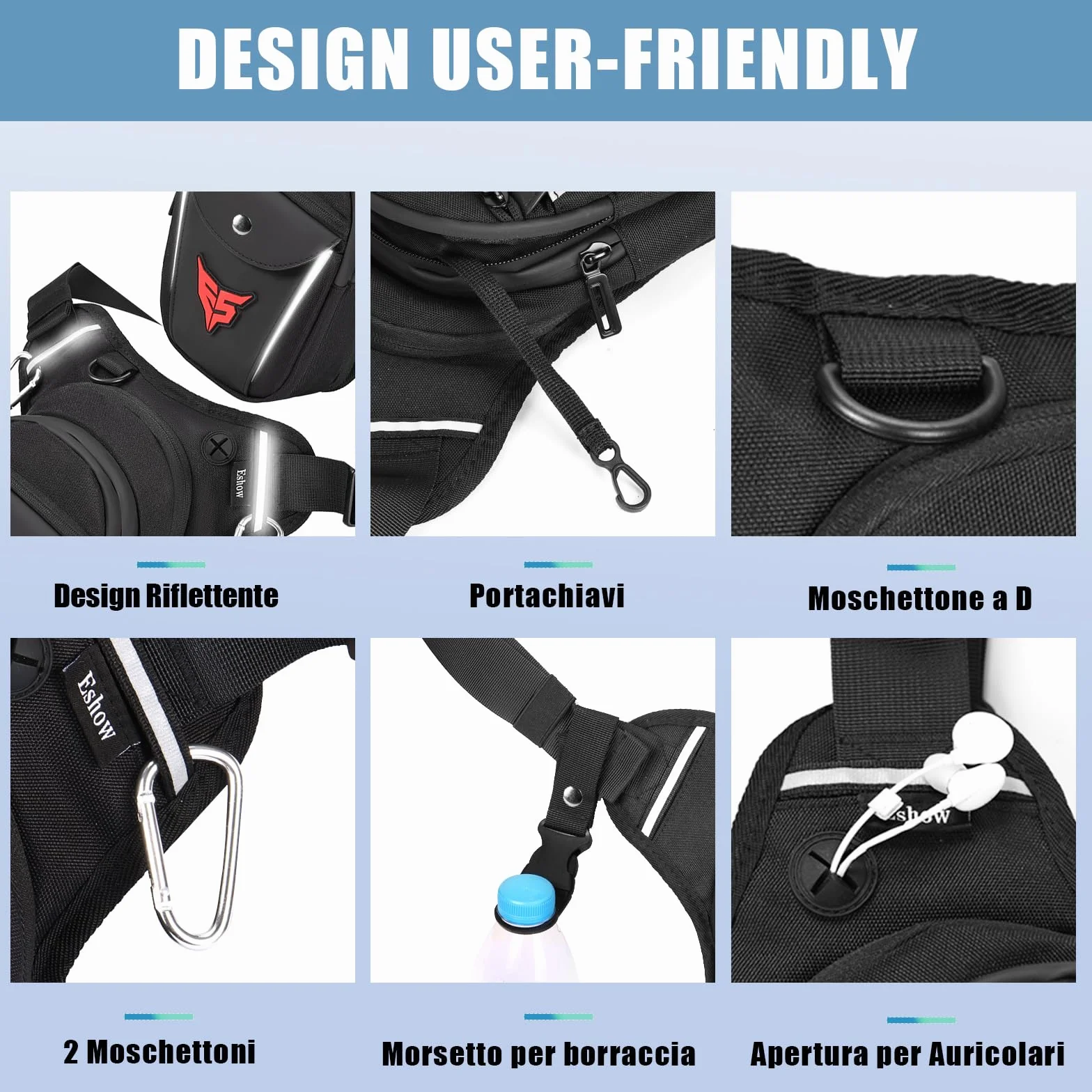 Eshow Marsupio da Gamba Moto Borsa Cosciale Espandibile con Fibbia Borraccia Striscia Riflettente per Trekking Ciclismo Viaggio