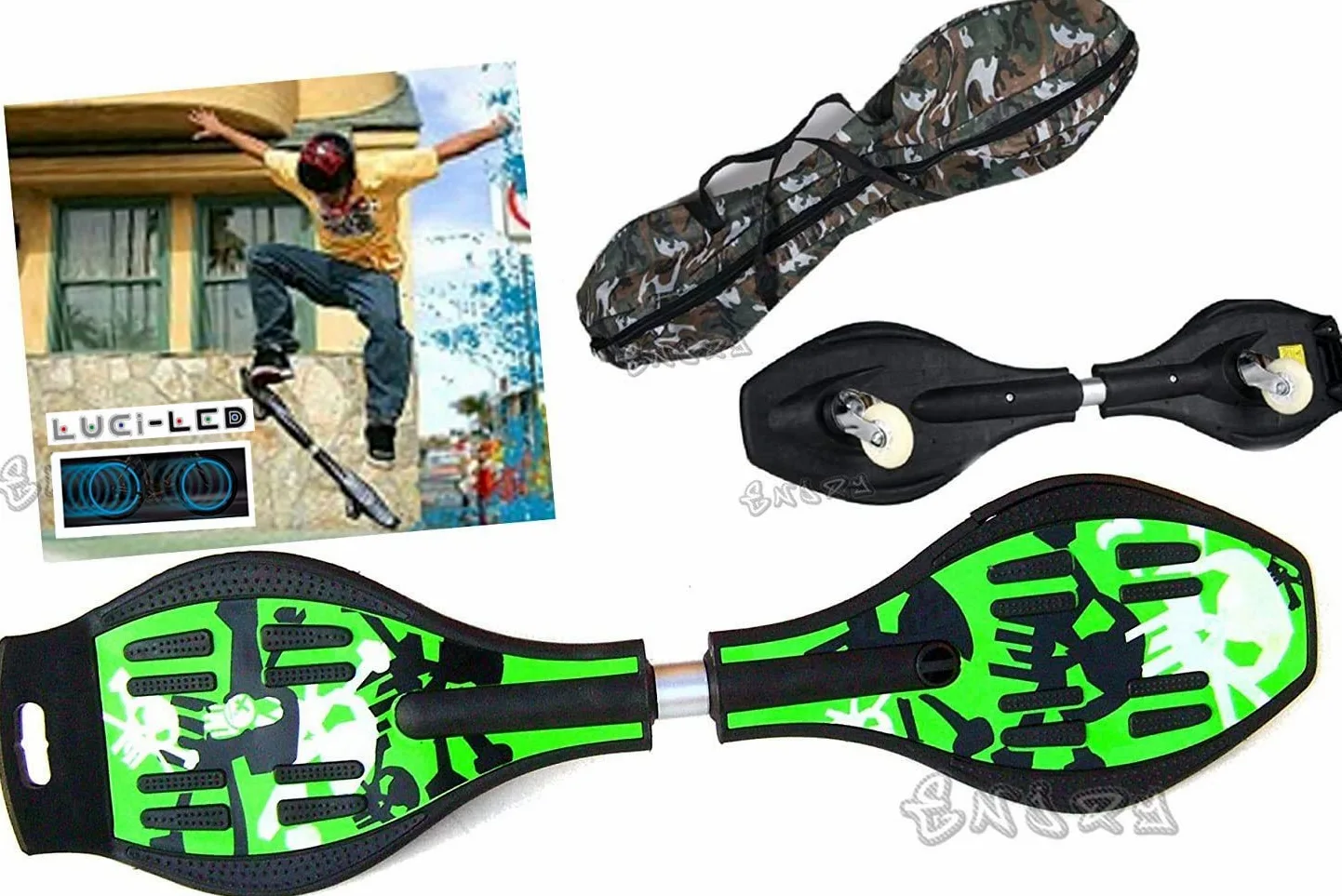 Skate Board Wave 2 Ruote WAVEBOARD Skateboard Ruote LUCI LED Teschio E Fantasie Varie