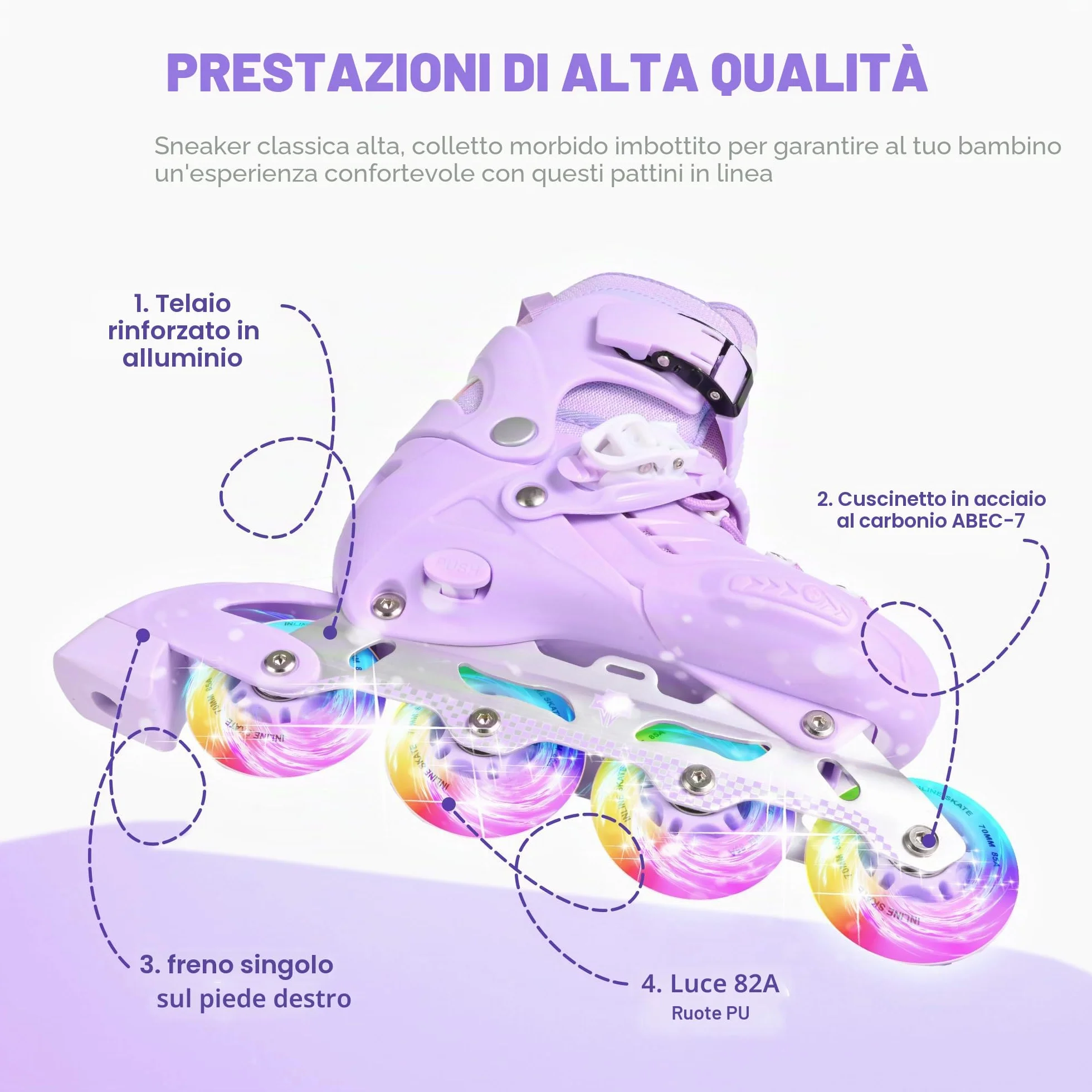Pattini in Linea per Bambini, Telaio in Alluminio, Misura Regolabile, Viola