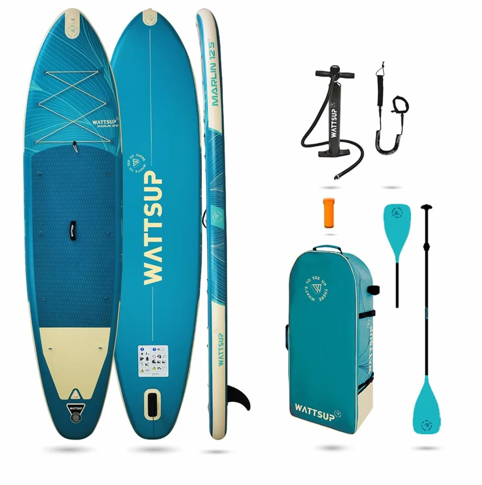 Wattsup - SUP Stand Up Paddle Gonfiabile MARLIN 12'5-378x89x15 cm, Dropstitch - Pacchetto completo: Remo 2in1, Leash, Pompa, Borsa di Trasporto - Fino a 185 kg - Blu