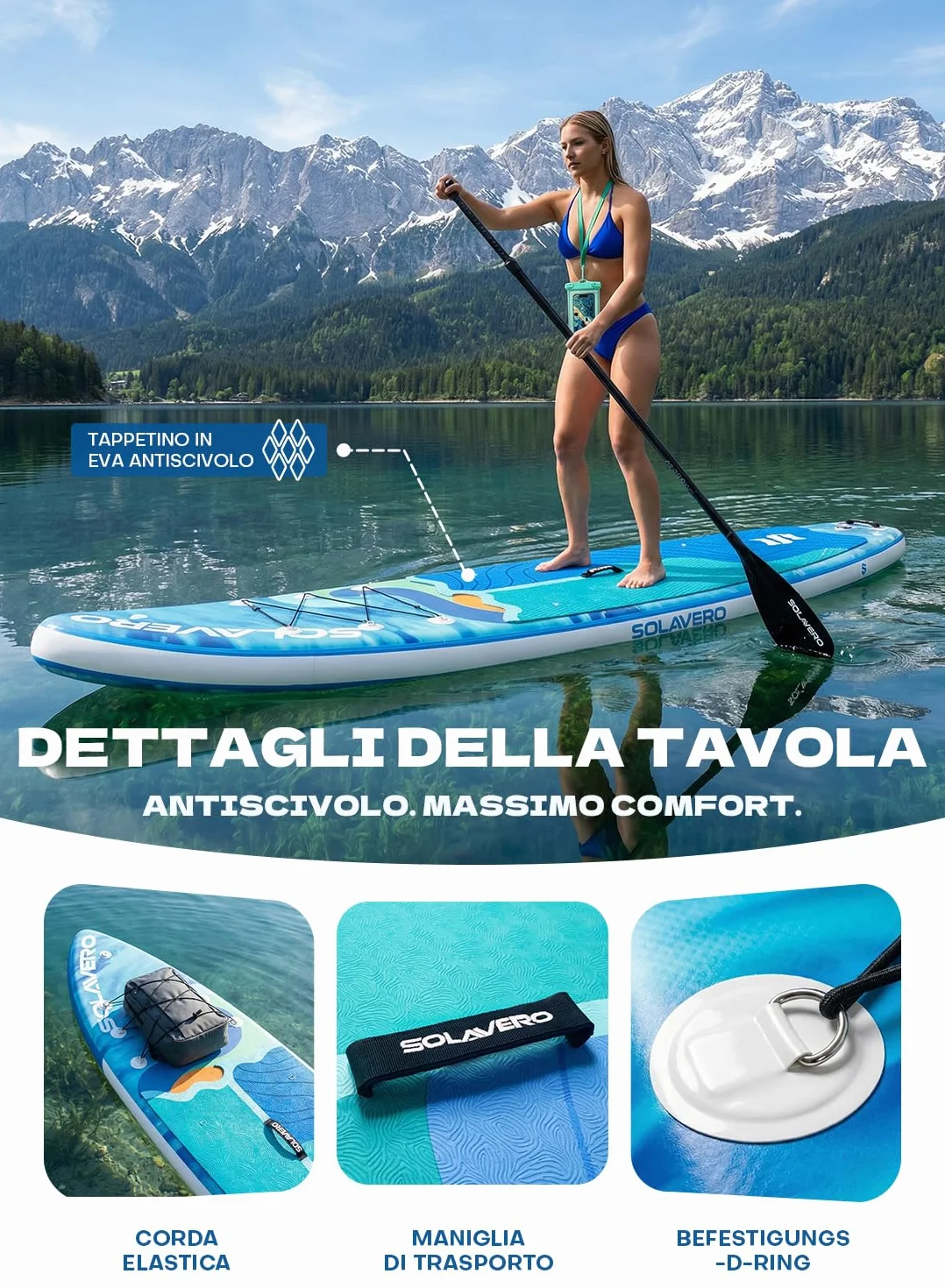 SOLAVERO Tavola da Sup Gonfiabile, 335 x 83 x 15 cm Tavola da Paddle con Antiscivolo EVA, Pagaia Regolabile, 3 Pinne, Surf Gonfiabile per Tutti i Livelli di Abilità, Fino a 200kg