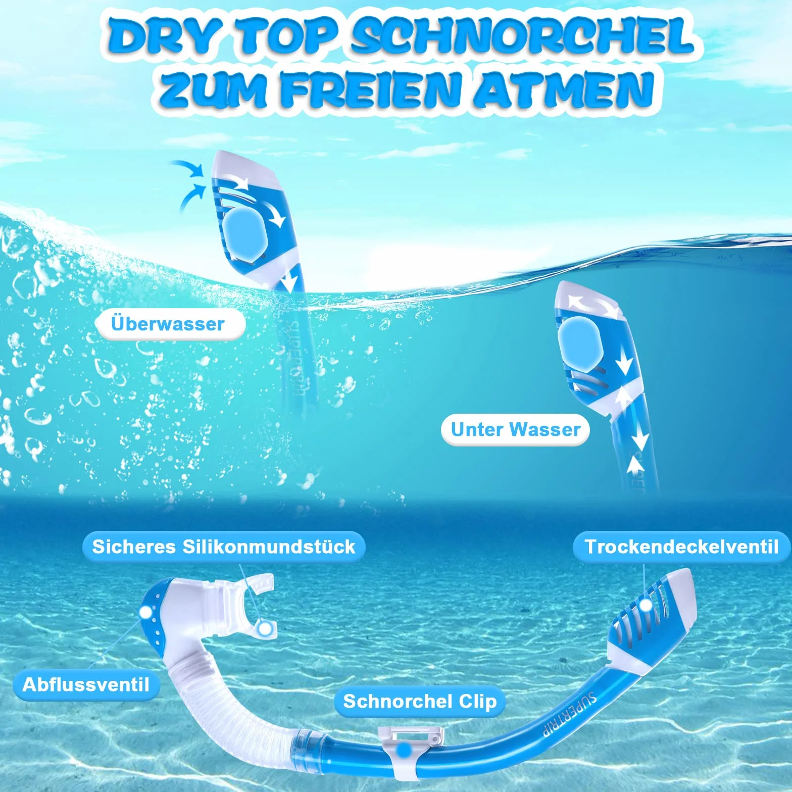 Supertrip Set da snorkeling bambini 3 pezzi pinne regolabili occhiali subacquei vetro temperato boccaglio ad asciugatura premium