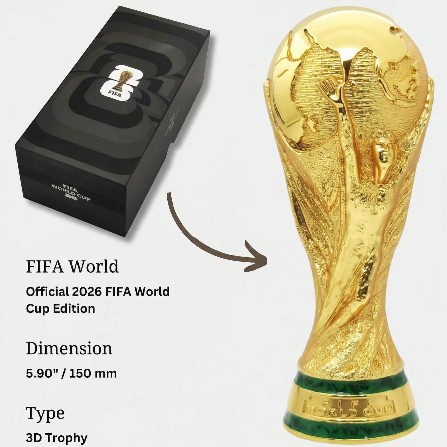 Regalo FIFA World Cup 2026, Trofeo 3D Ufficiale FIFA Coppa del Mondo 2026, 150 mm, in Lega di Zinco Premium, da Collezione, Durevole, per scrivania, Ufficio e Memorabilia Calcio