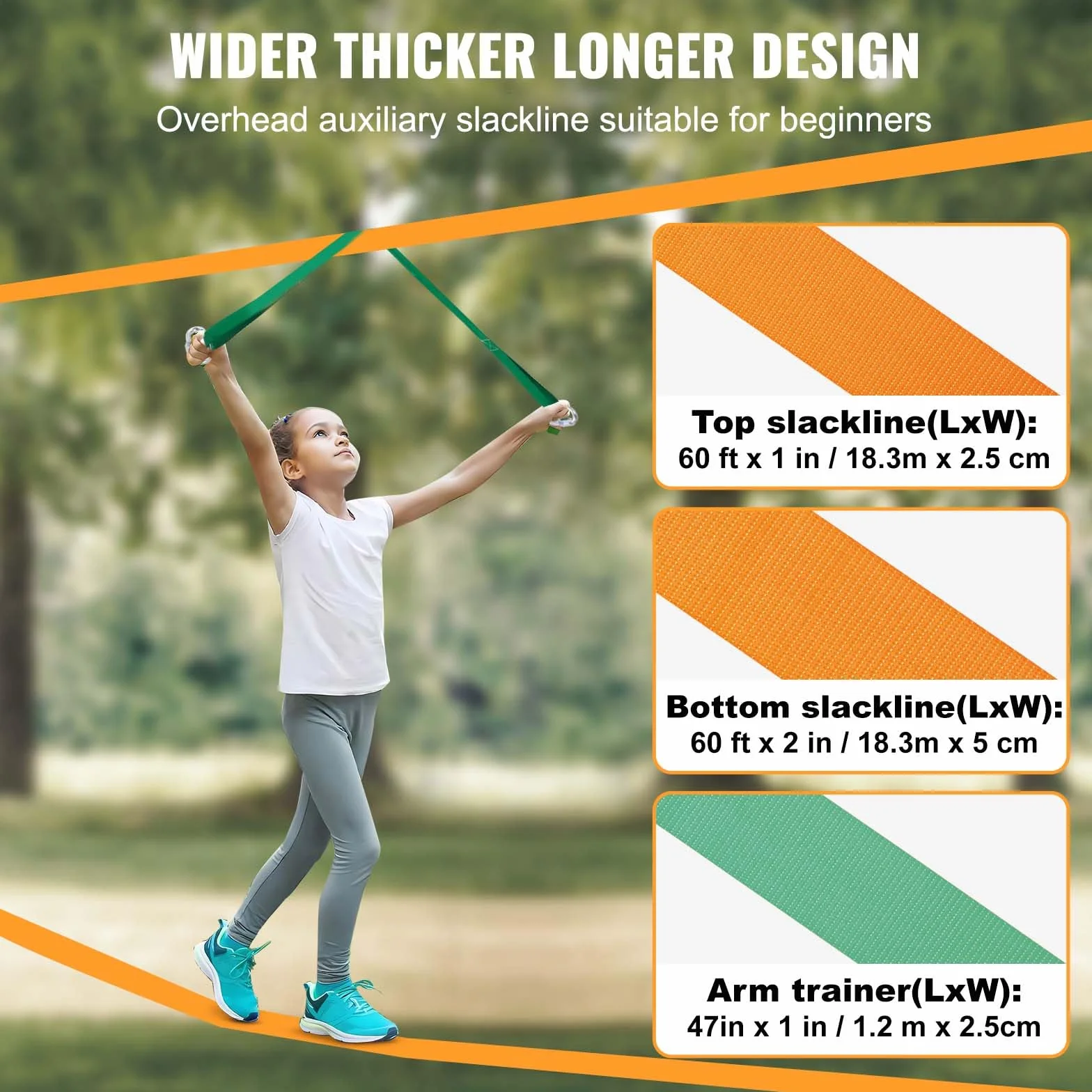VEVOR Kit Slackline con Linea di Allenamento 18,3m x 5cm, Attrezzatura da Giardino, Set con Protezioni per Alberi