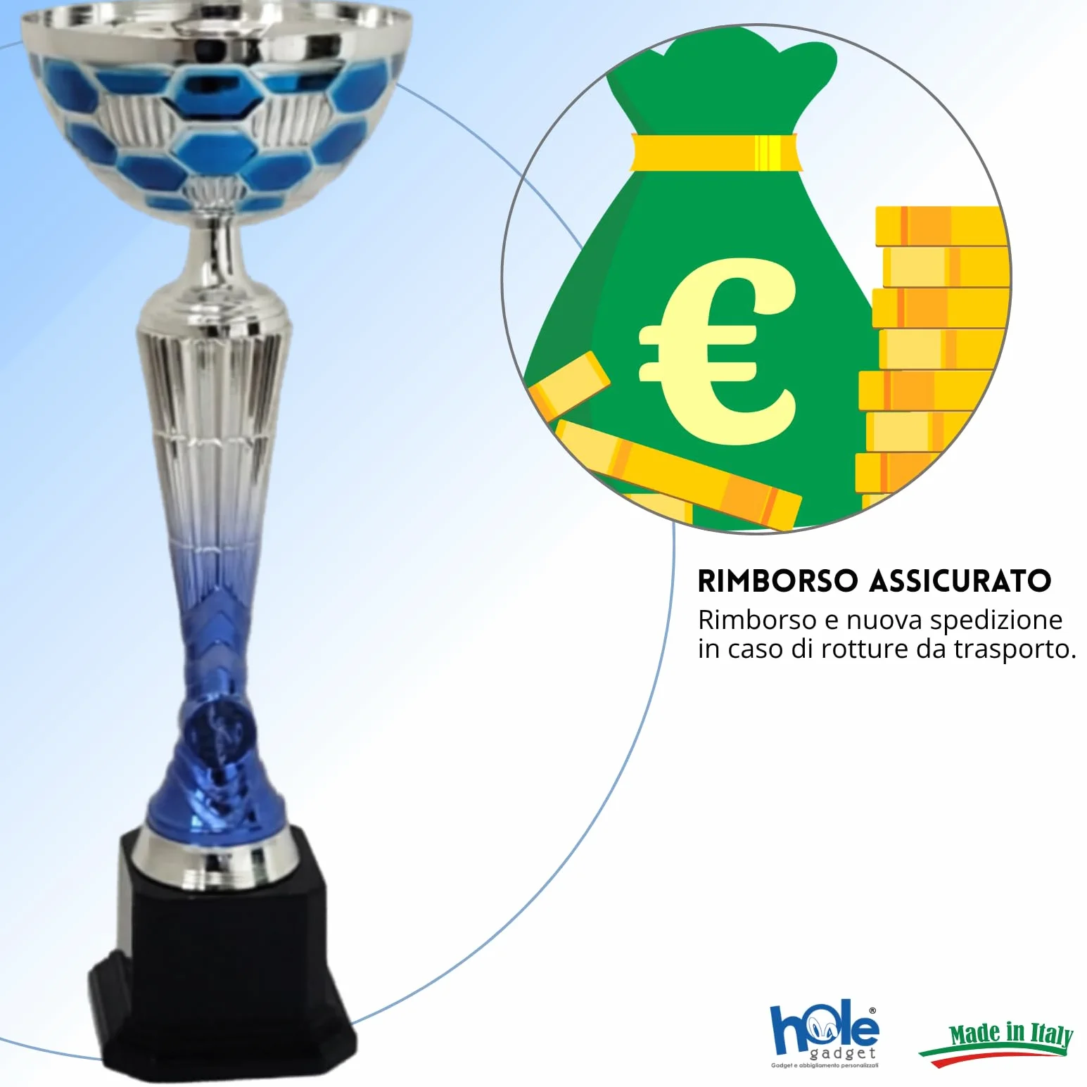 Personalizowana Coppa Trofeo Argento e Blu Metallo con Targhetta Stampata Varie Misure Calcio Fantacalcio Padel Basket