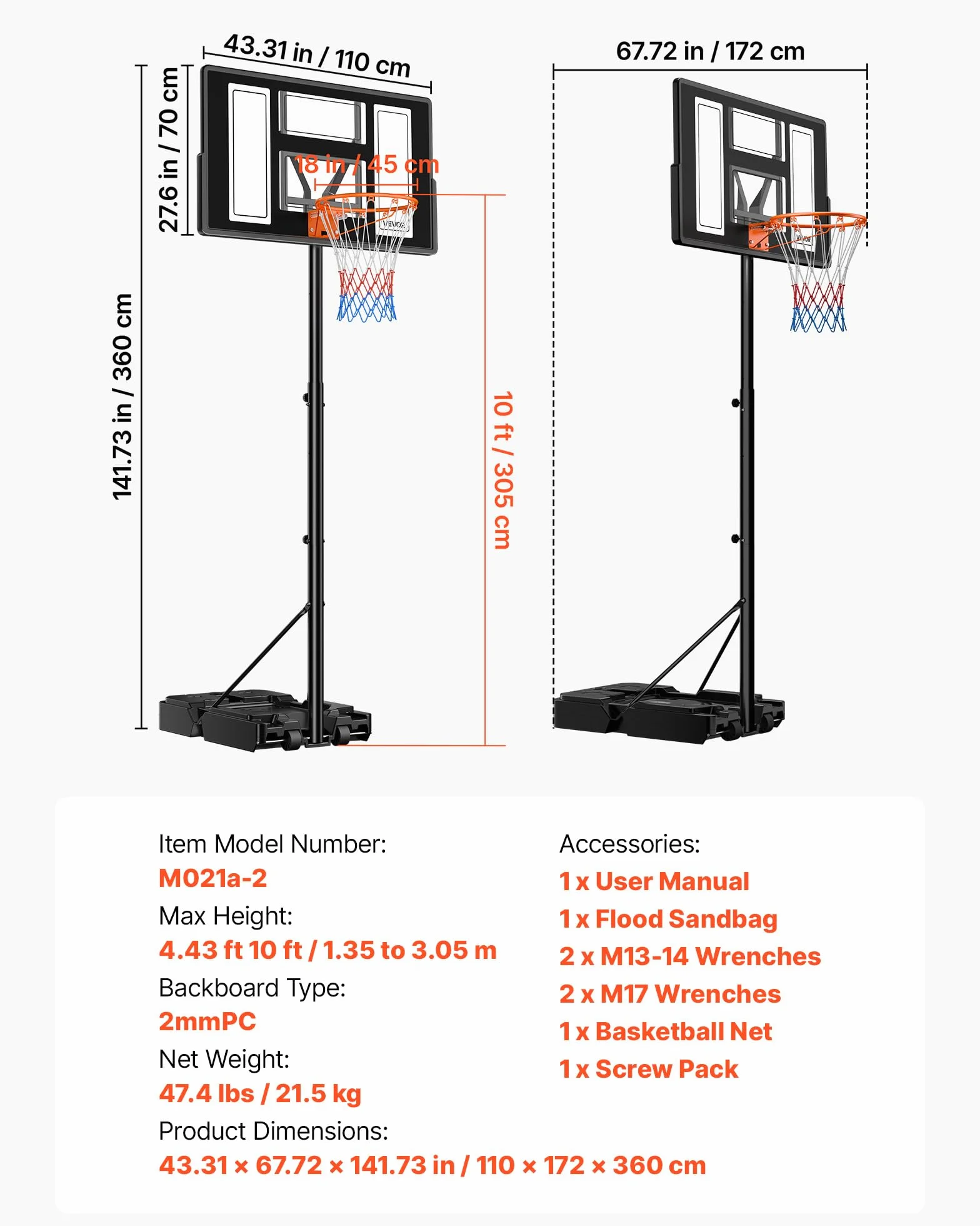 VEVOR Canestro da Basket da Esterno Regolabile in Altezza 3,05 m con Tabellone in PC 1117,6 mm e Ruote