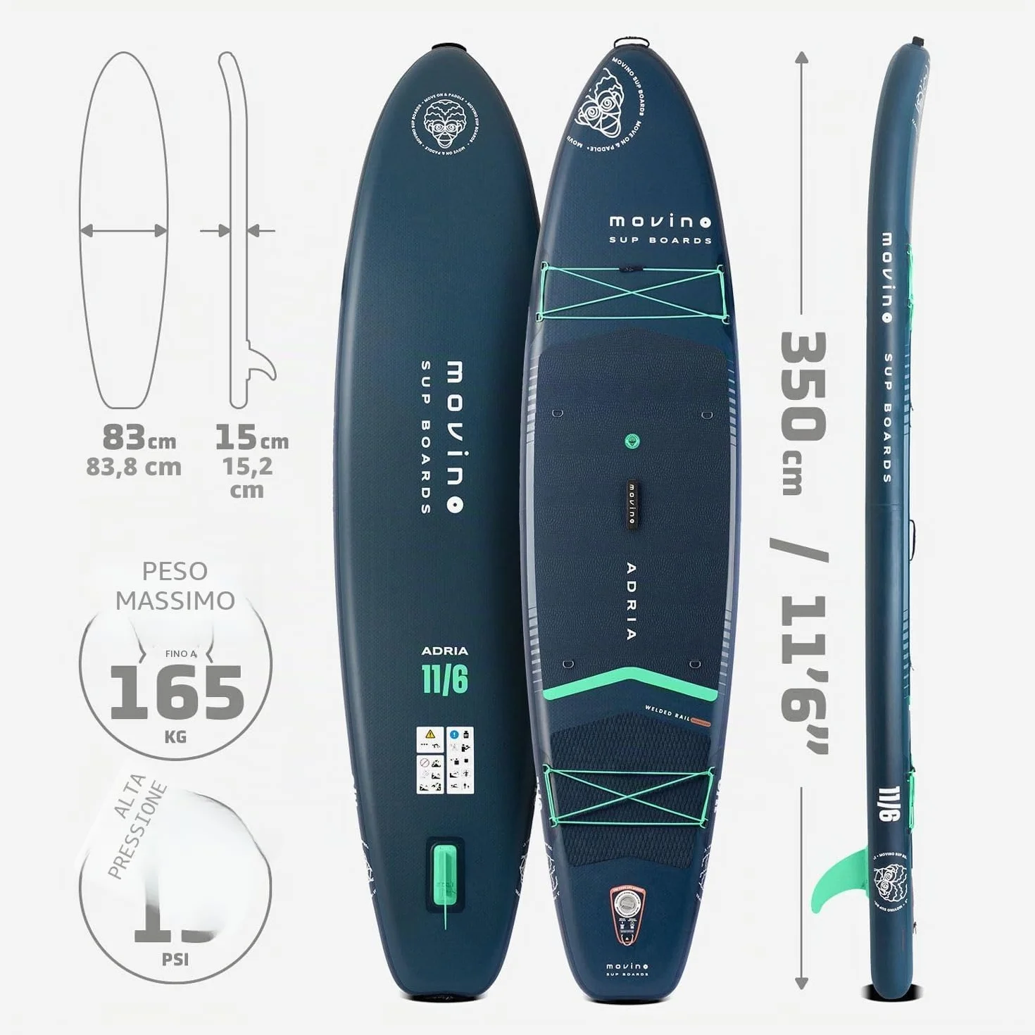 Movino Tavola SUP Gonfiabile per Adulti - 2in1 SUP Kayak - fino a 165 kg - con Pagaia - 350 x 83 x 15 cm - Stand Up Paddleboard Adria