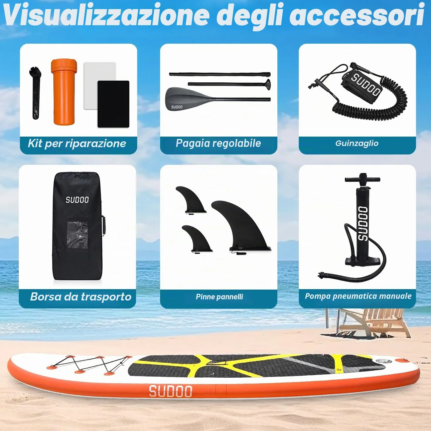 SUDOO Tavola da surf gonfiabile 3 m 15,2 cm EVA Deck kit completo per principianti adulti pesca yoga surf