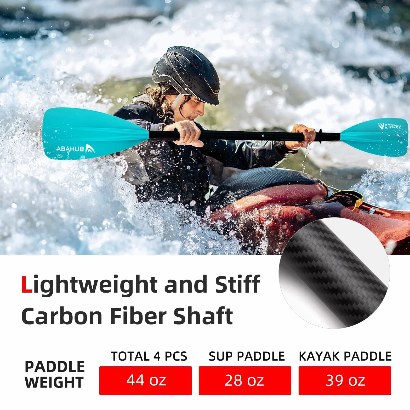 Abahub Pagaia SUP Kayak Carbonio 2 in 1 Pagaia Remi Regolabile Paddle Timone Leggero per Stand up Paddleboard, Albero in Carbonio Nero/Blu/Verde/Grigio/Arancione/Rossa in Plastica Nylon Lama