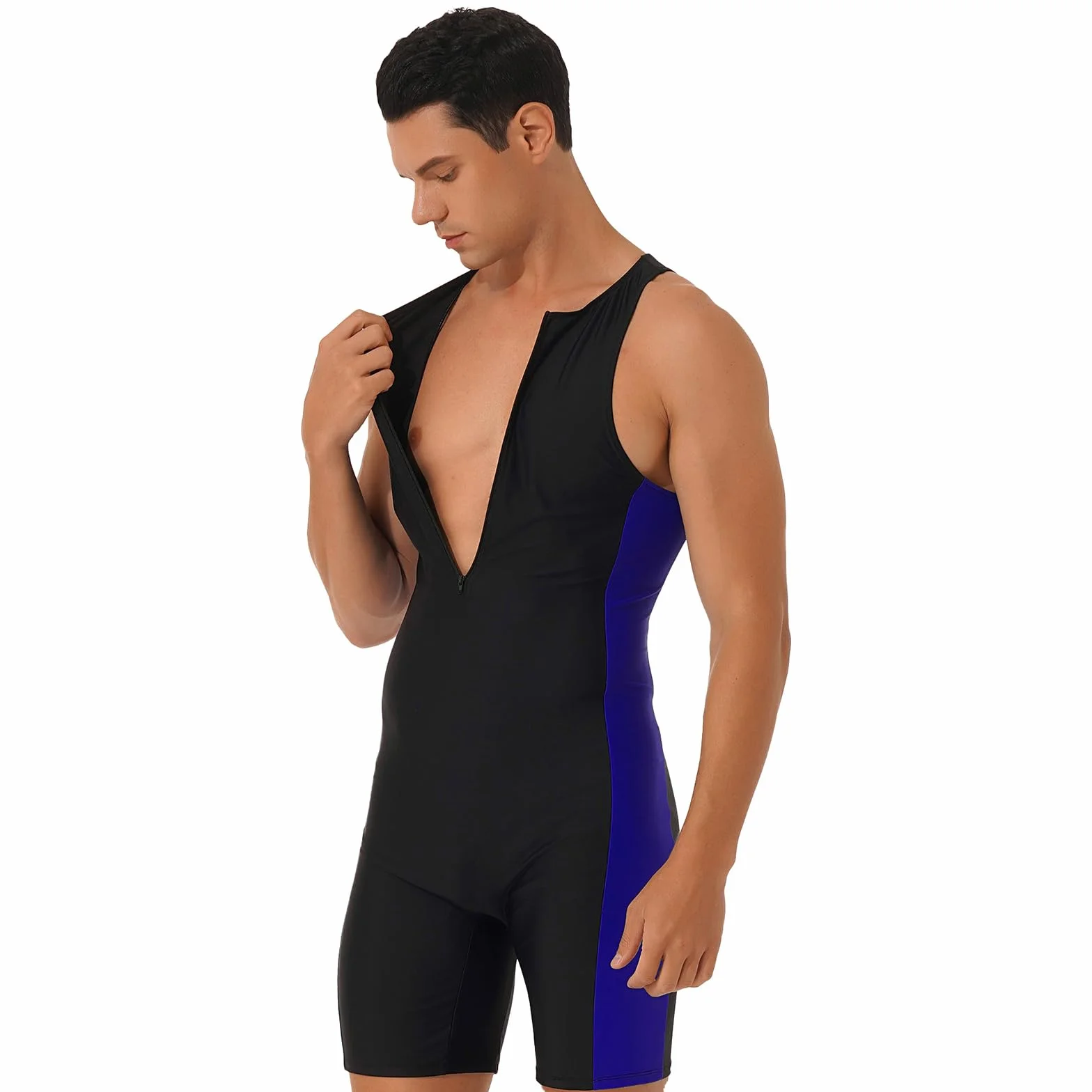 Costume da Bagno Uomo Intero Scollo Tondo Senza Maniche Pantaloncini Laterali Muta Triathlon Spiaggia Piscina Nuoto