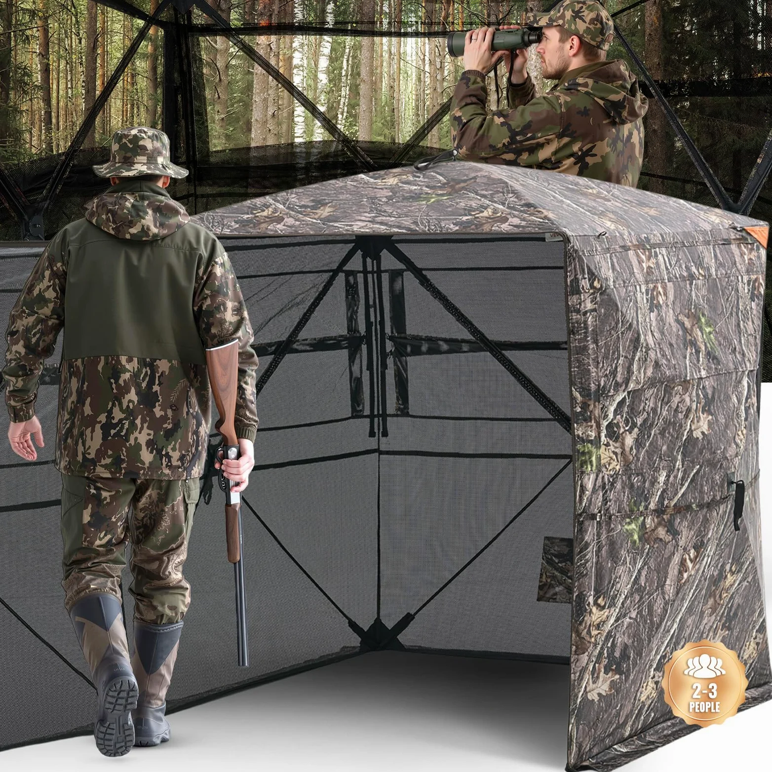 VEVOR Tenda da Caccia Portatile a 360 Gradi, Tenda da Caccia Trasparente per 2 o 3 Persone con Borsa per Trasporto, Riparo Nascosto Resistente con Porta Laterale Silenziosa e Finestra, per Tacchini