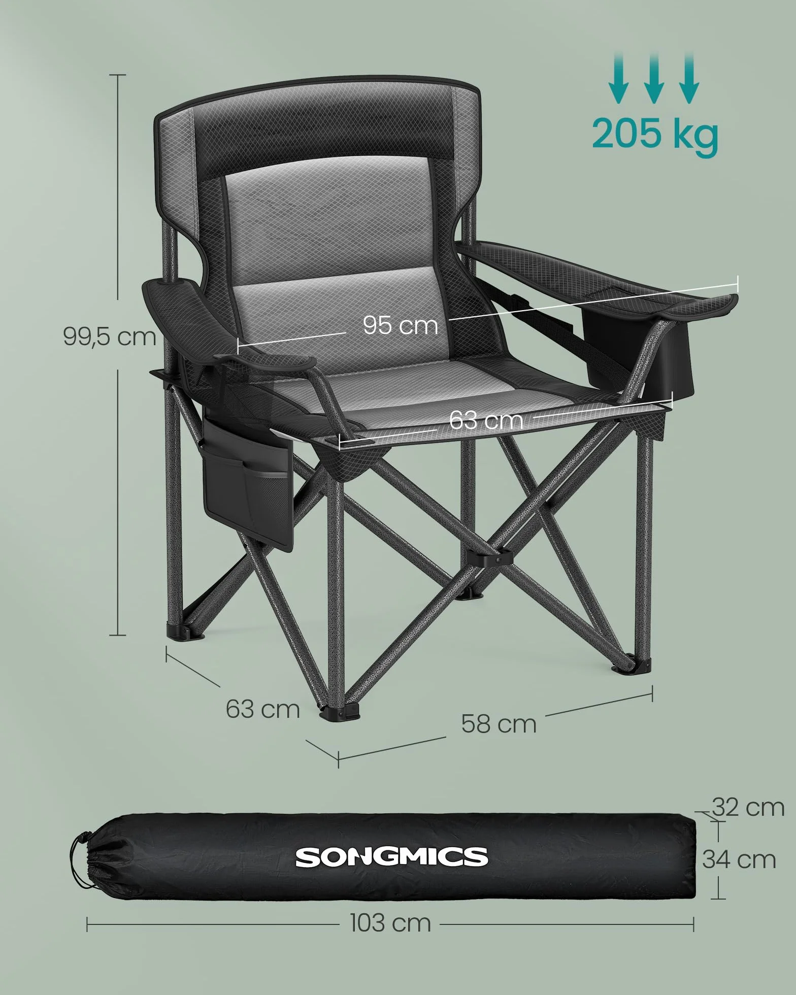 SONGMICS Sedia da Campeggio Imbottita Extra-Large Pieghevole con Supporto Lombare Portante 205 kg Nero Inchiostro