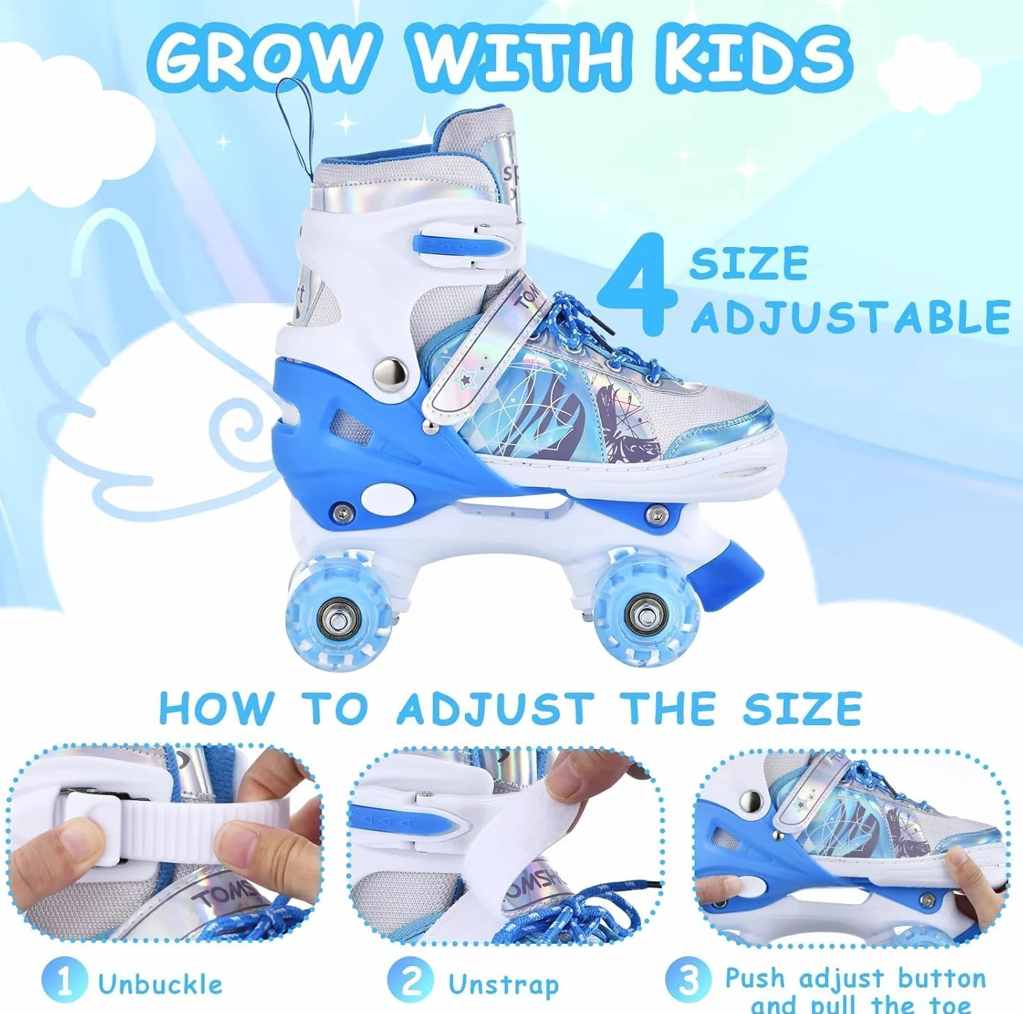 TOMSHOO Pattini a rotelle per ragazze, pattini in linea per bambini, ragazze, con luci a LED luminose, pattini in linea per bambini, misura regolabile, per principianti, bambini, regalo
