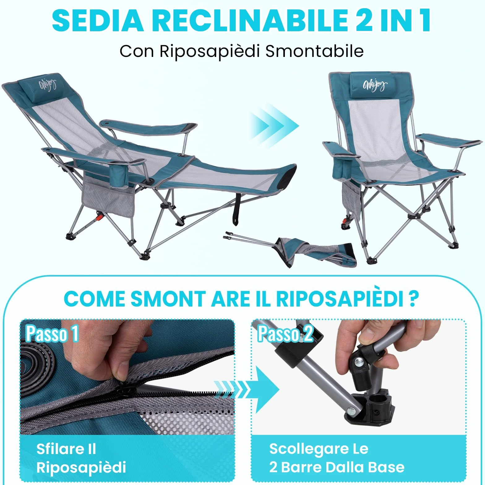 #WEJOY Sedia da campeggio pieghevole 2 in 1, 180 kg, con poggiapiedi, sedia da spiaggia con schienale regolabile in 4 posizioni, sedia a sdraio, sedia a sdraio con supporto per bevande, sedia da
