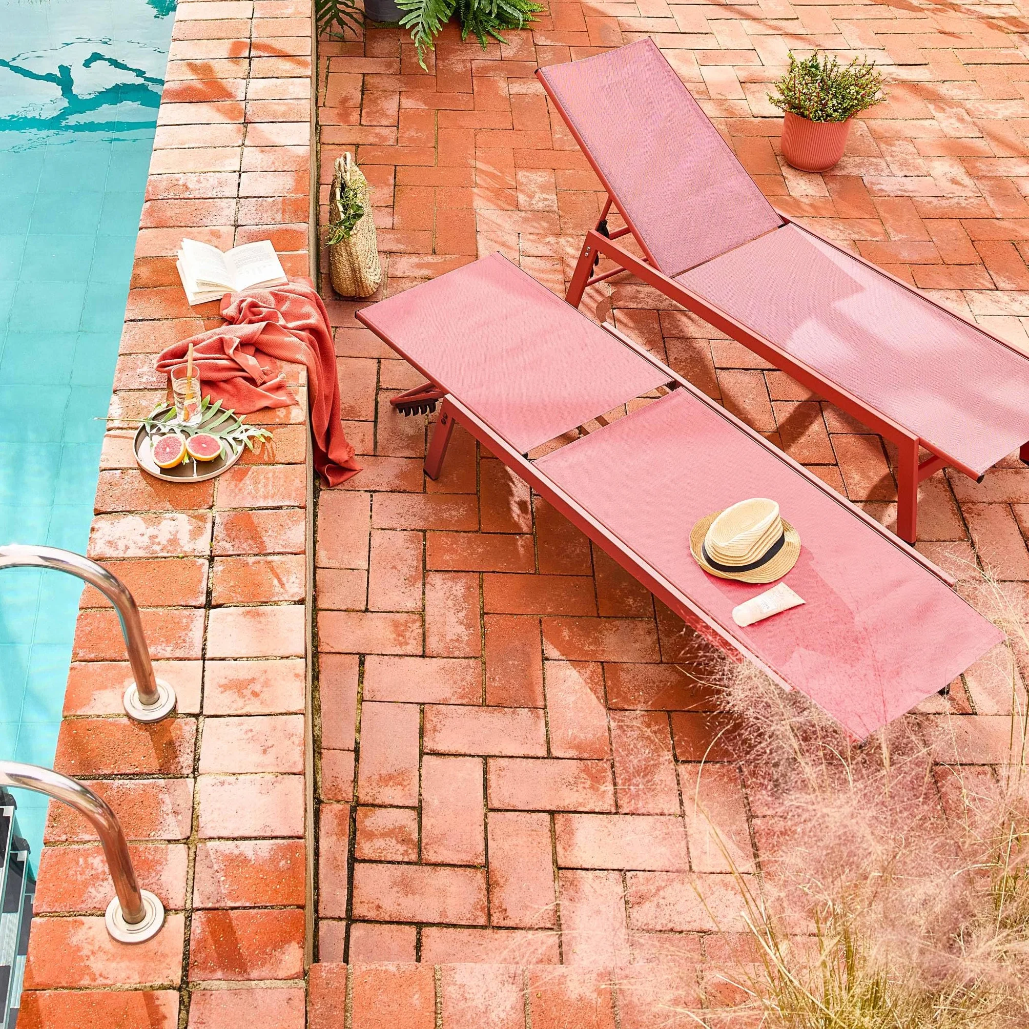 Set 2 lettini prendisole in acciaio multiposizione Terracotta - 155x59x106 cm
