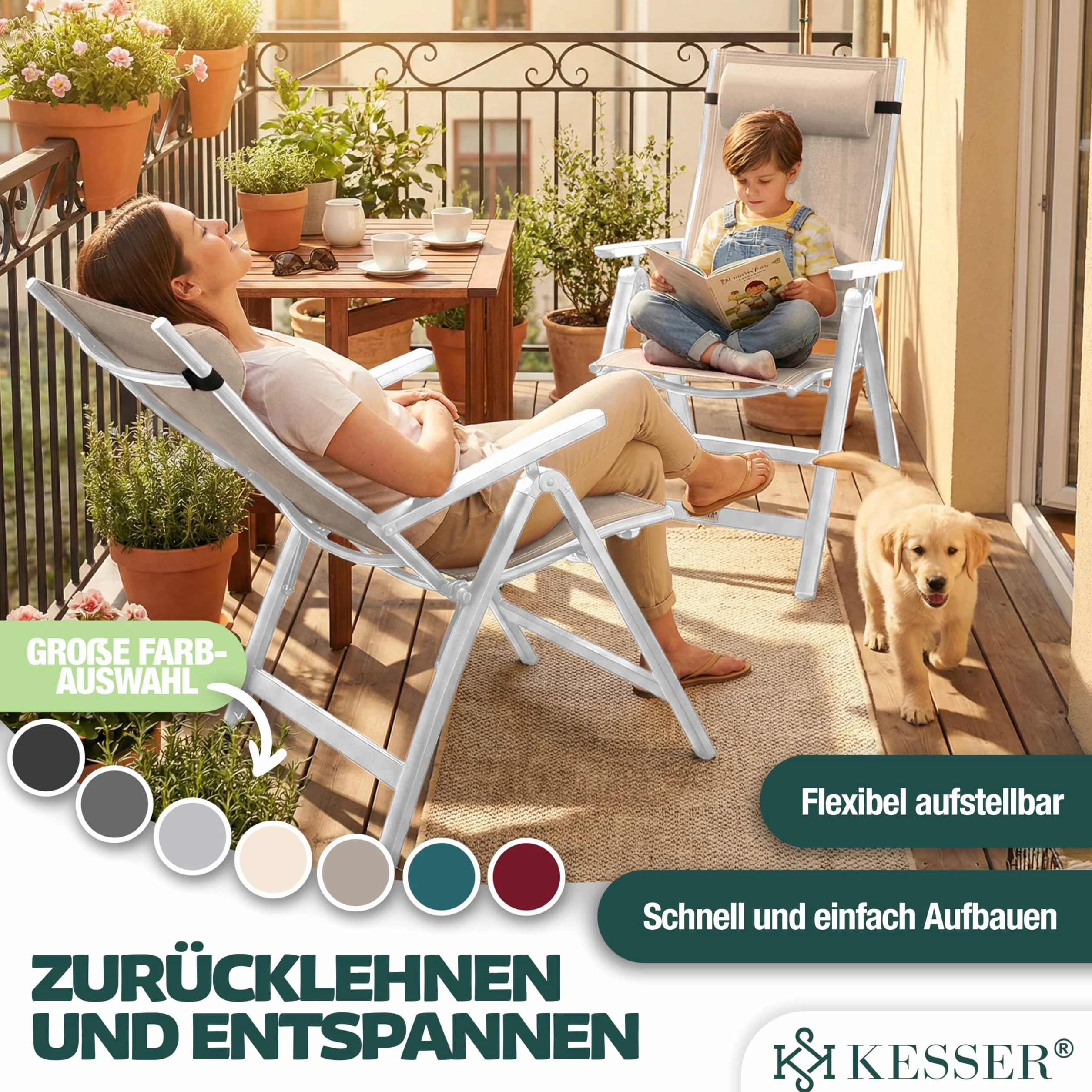 KESSER Sedia da giardino in alluminio pieghevole con cuscino e copertura, schienale regolabile 7 posizioni