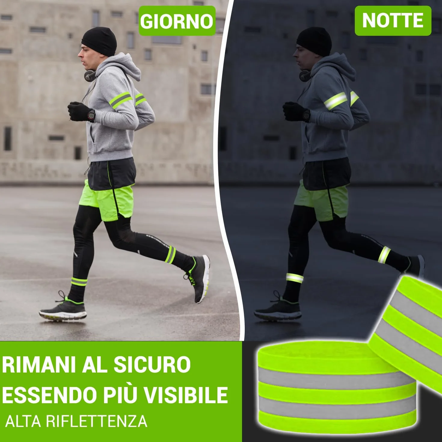 Bracciali Riflettenti a Doppia Striscia 5 cm Chiusura Regolabile 8 cm Visibilità 360° per Braccia Gambe Caviglie