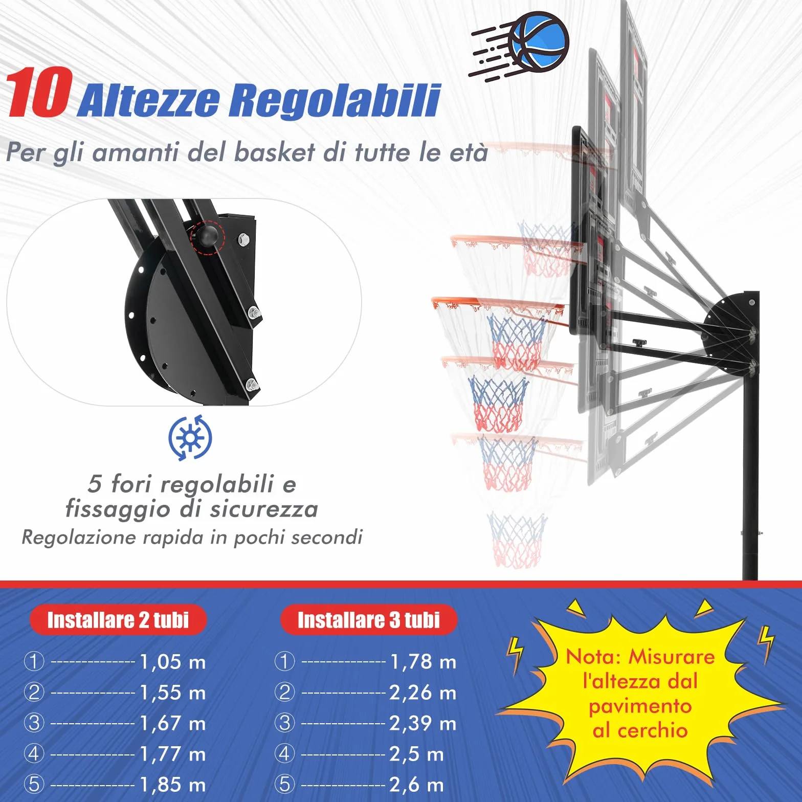 COSWAY Canestro da Basket Esterno Portatile Regolabile 10 Livelli Tabellone 82cm Base Riempibile 2 Ruote Borsa Pallone Pompa