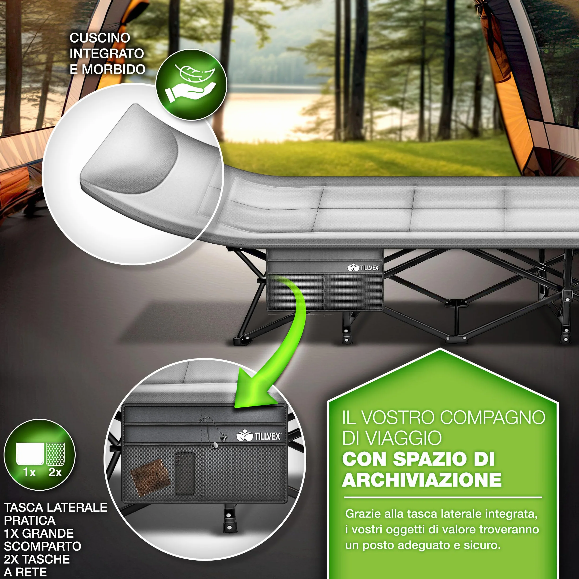 Tillvex Letto da campeggio pieghevole borsa trasporto 200 kg Lettino extra largo