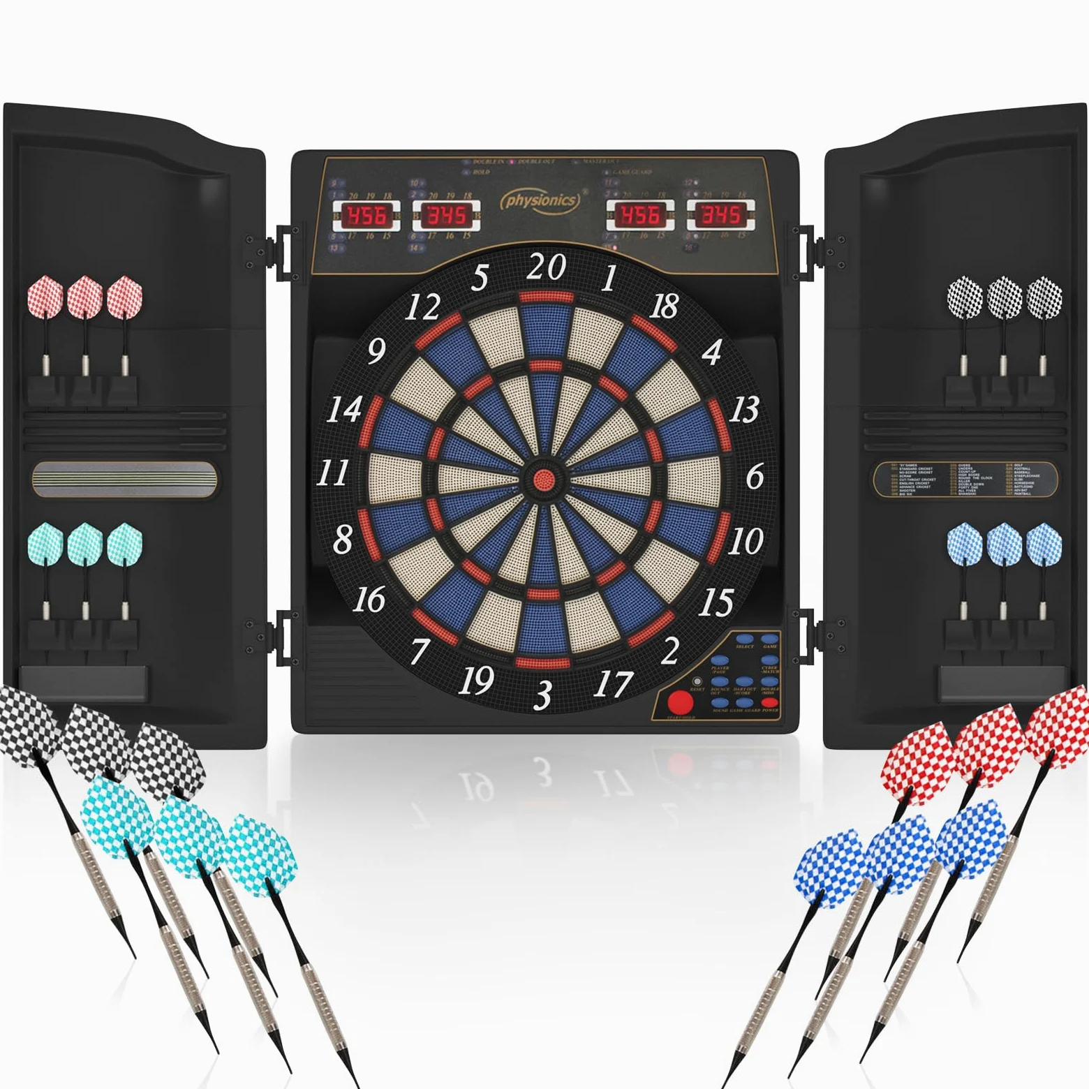 Physionics® Bersaglio Elettronico con 12 Freccette - Display LED, 100 Punte di Ricambio, 27/28 Giochi, 100+ Variazioni, 1-16 Giocatori, 3 Modelli - Tirassegno, Gioco di Freccette, Dartboard