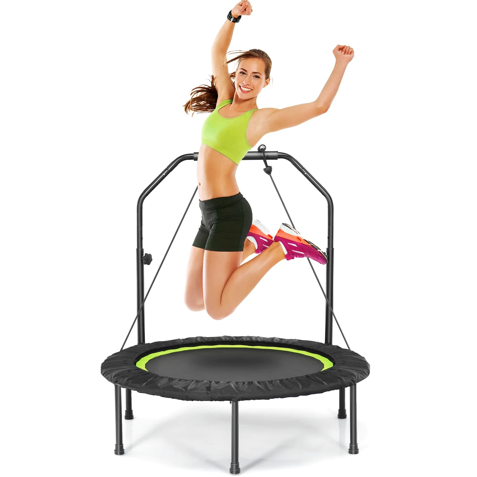 GYMAX Mini Trampolino Elastico Fitness, con 6 Supporti, 2 Cordini Elastici e Manubrio, Design Pieghevole e 4 Altezze Regolabili, Per Casa, Palestra, Blu