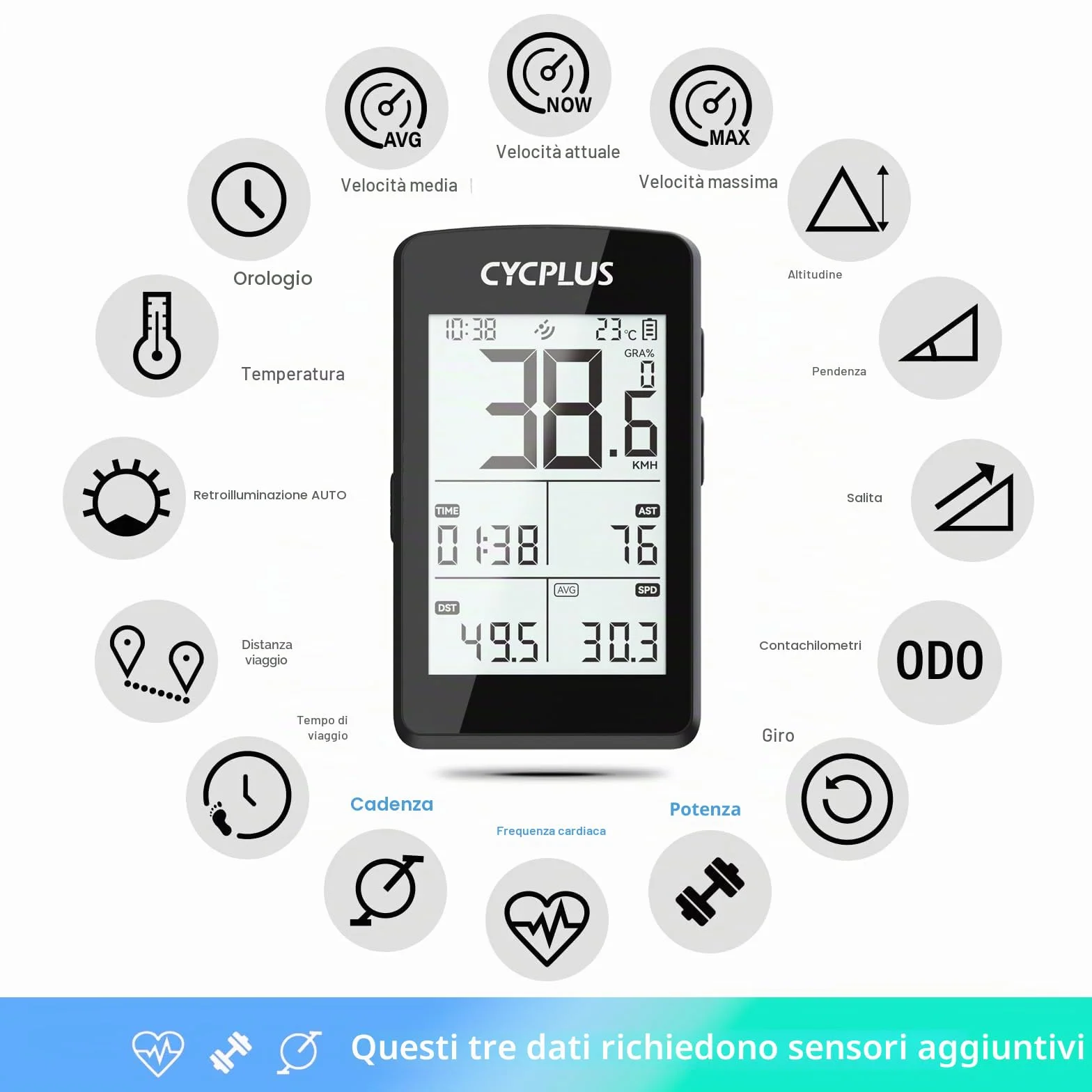 CYCPLUS ANT+ Computer per bicicletta GPS wireless, schermo LCD 2,8 pollici, batteria 100 ore, tachimetro retroilluminazione automatica