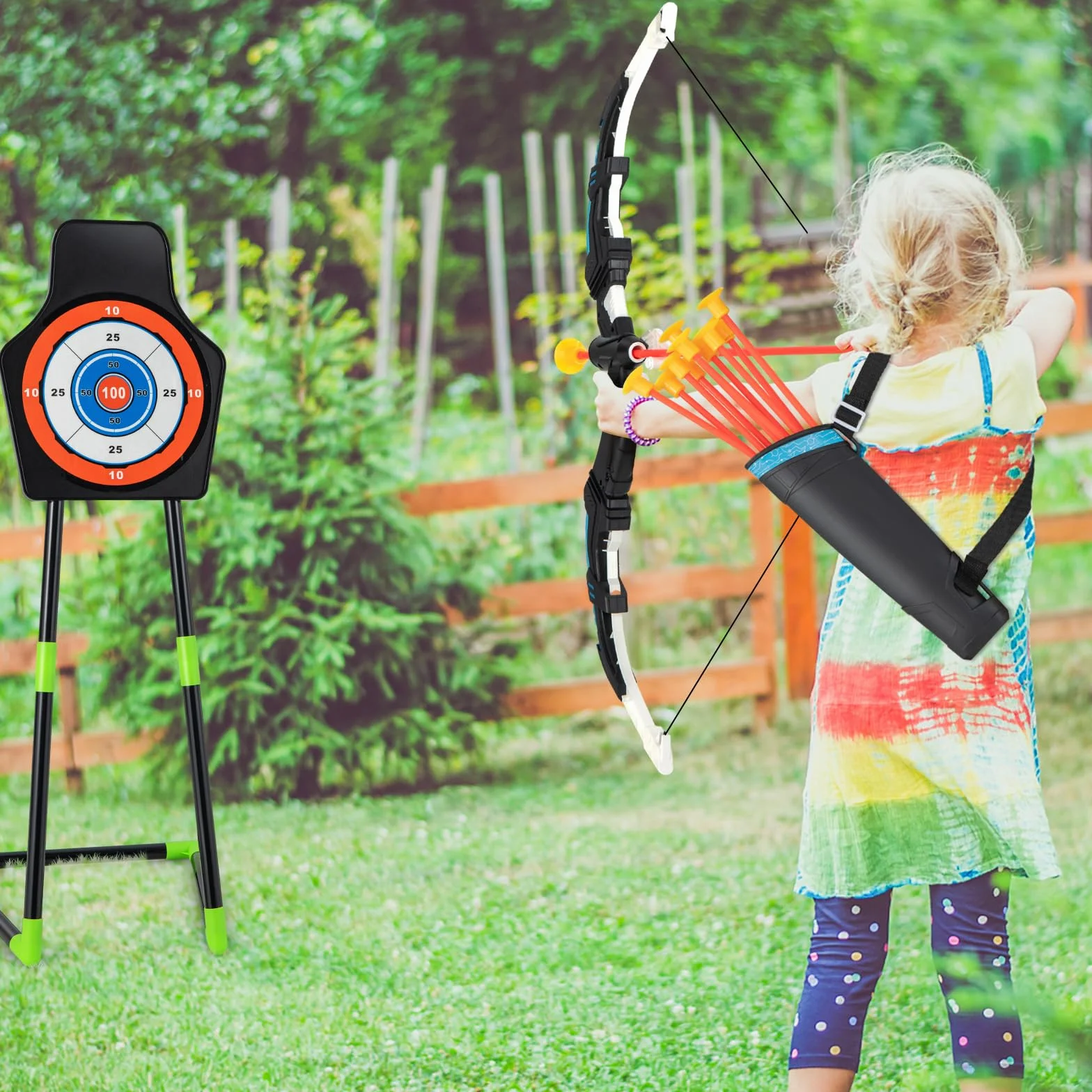 GYMAX Set di 2 Archi e Frecce a LED per Bambini con 20 Frecce a Ventosa, 2 Faretre e Bersaglio