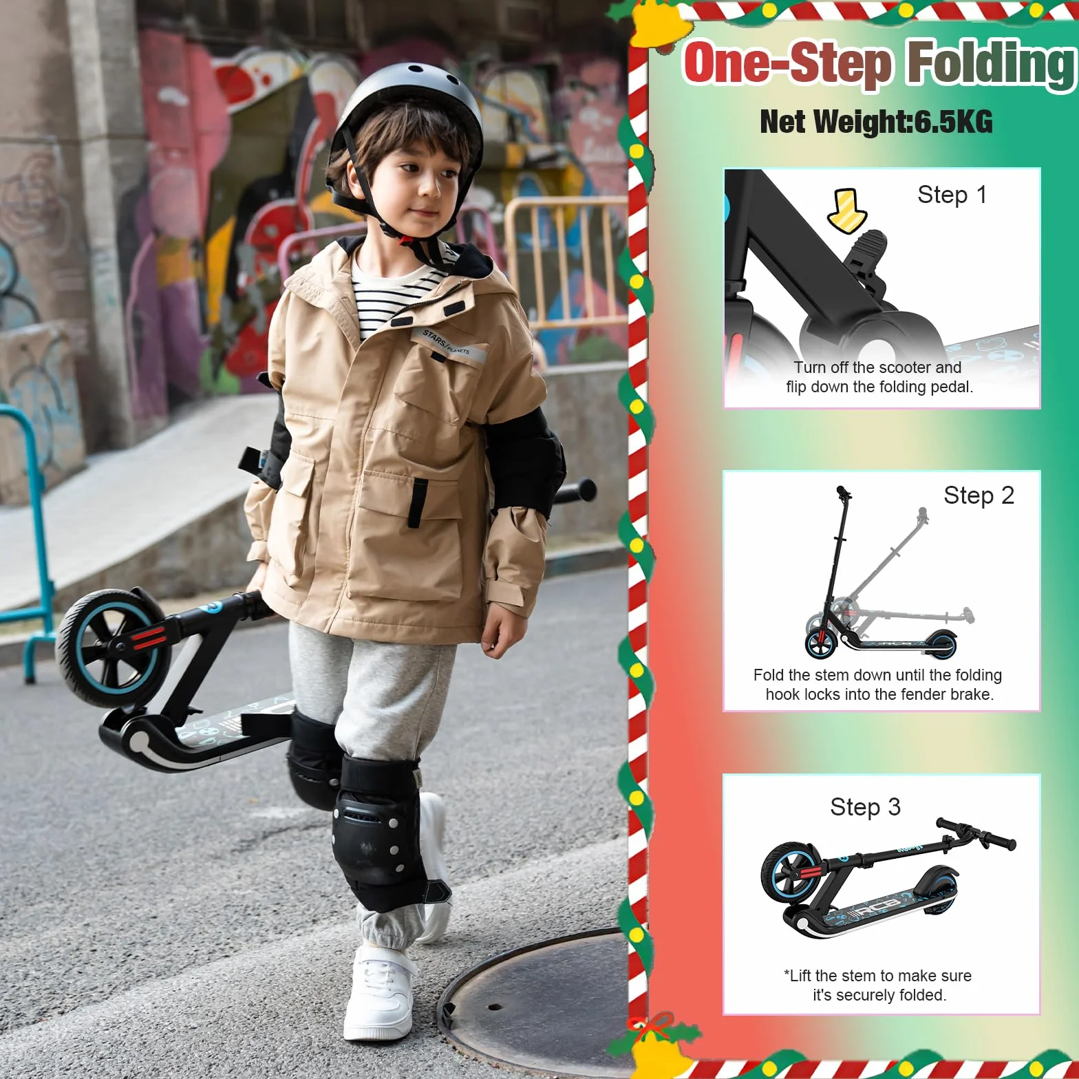 Monopattino Elettrico per Bambini 6-12 Anni, Motore 150W, 16 Km/h, Pieghevole, LED, Regolabile