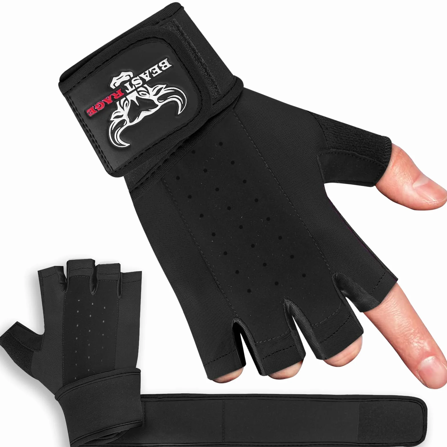 BEAST RAGE Guanti per sollevamento pesi con supporto polso e protezione palmo, traspiranti, nero