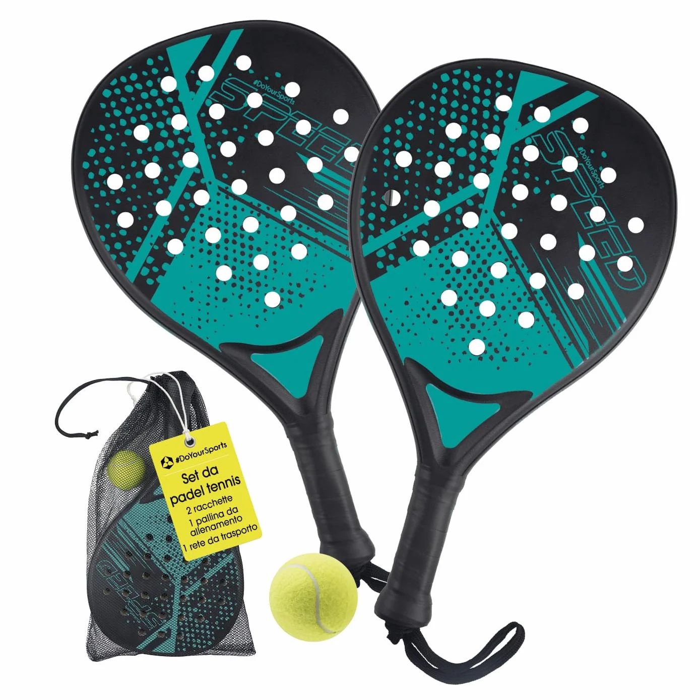 Set racchette da padel DoYourSports 2 racchette leggere con palla rete impugnatura antiscivolo