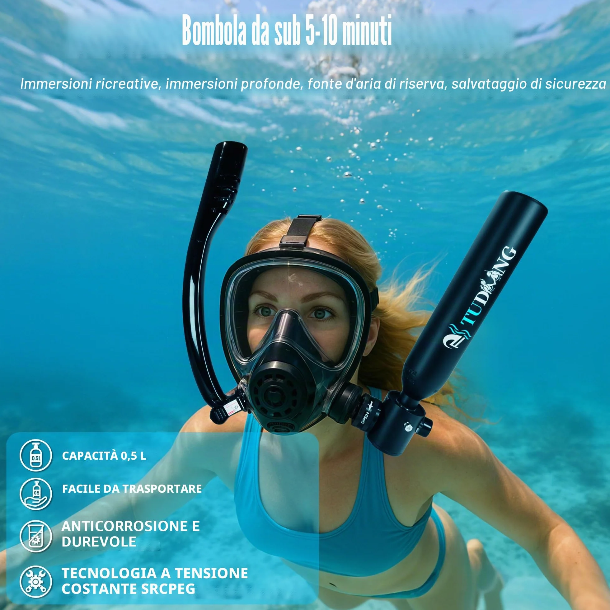 Bombola per immersioni subacquee 0.5L TUDIVING, mini ossigeno con maschera snorkeling, kit portatile