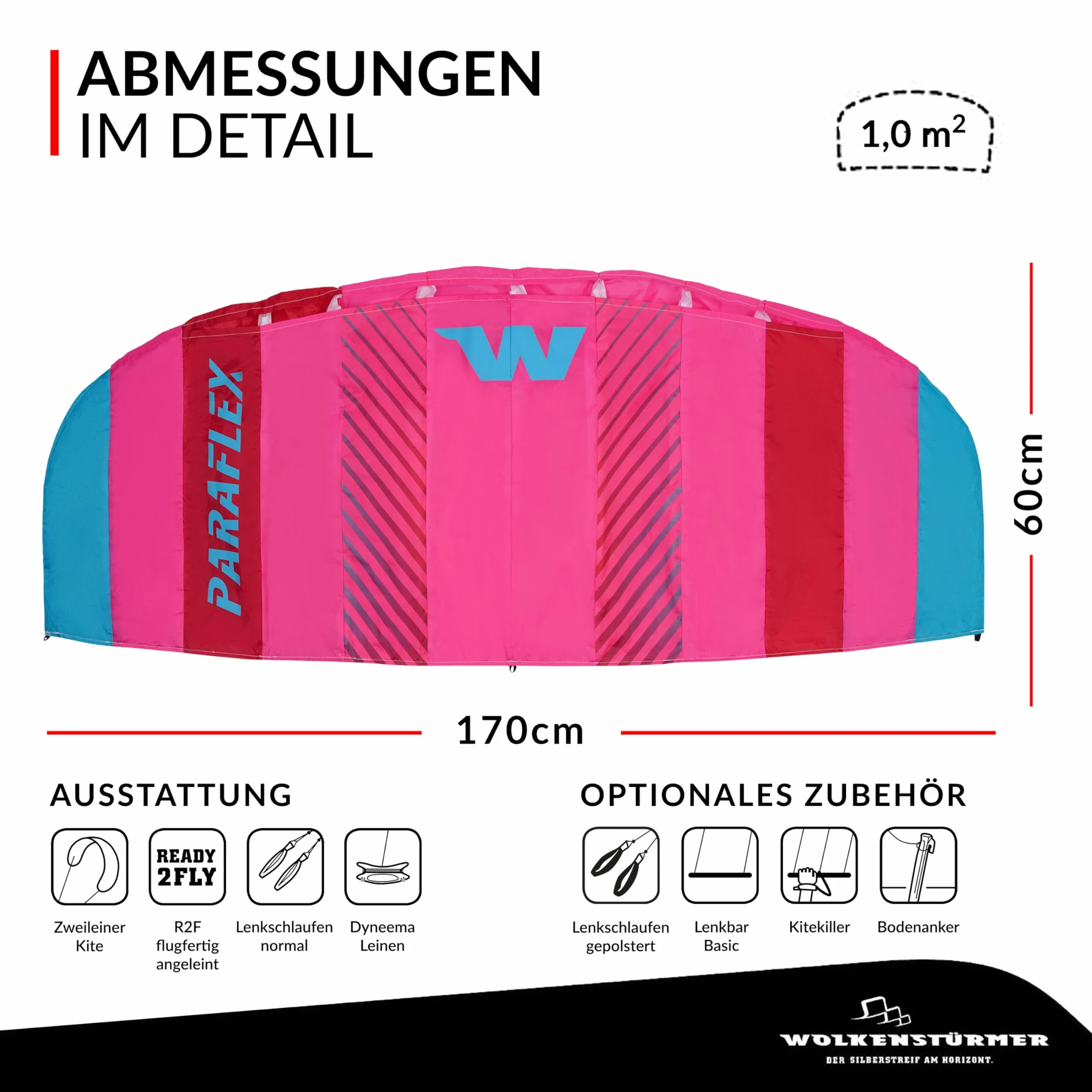 Wolkenstürmer Paraflex Basic 1.7 Aquilone pilotabile, poliestere Ripstop 70D, rosa, 170 cm, da 14 anni, 2 righe 45 kg