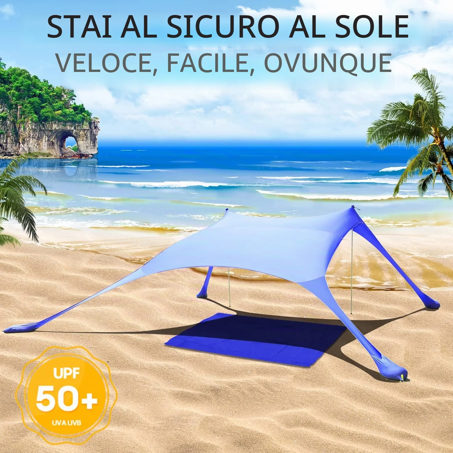 Tenda da spiaggia UPF50+, protezione UV, piccola tenda da sole per esterni, con 2 pali per campeggio, spiaggia, pesca, cortile e picnic