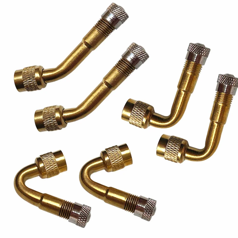 6Pcs Professionale Pneumatico Valvola Estensione Adattatore Kit, Ottone Pneumatico Stelo Prolunga Schrader Valvola Adattatore, con Tappo Antipolvere (45°, 90°, 135°)